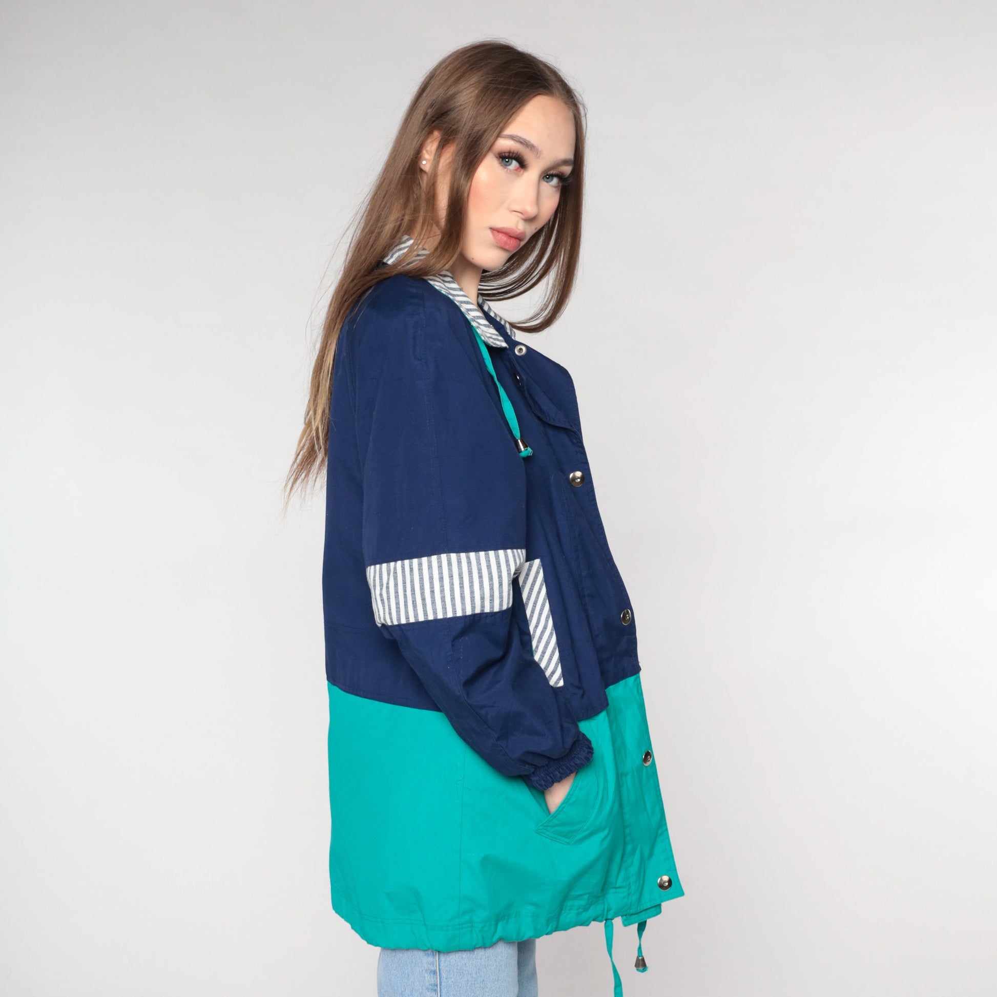 90s Blue Teal Windbreaker Jacket Cotton Blend Striped Trim Medium