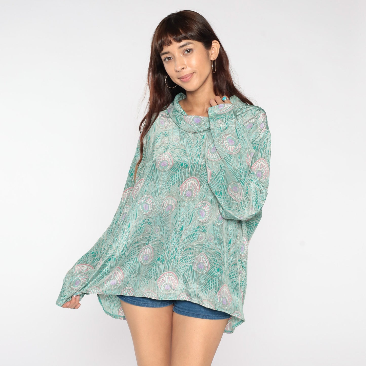 70s Peacock Feather Blouse Green Cowl Neck Disco Shirt Campus Casuals