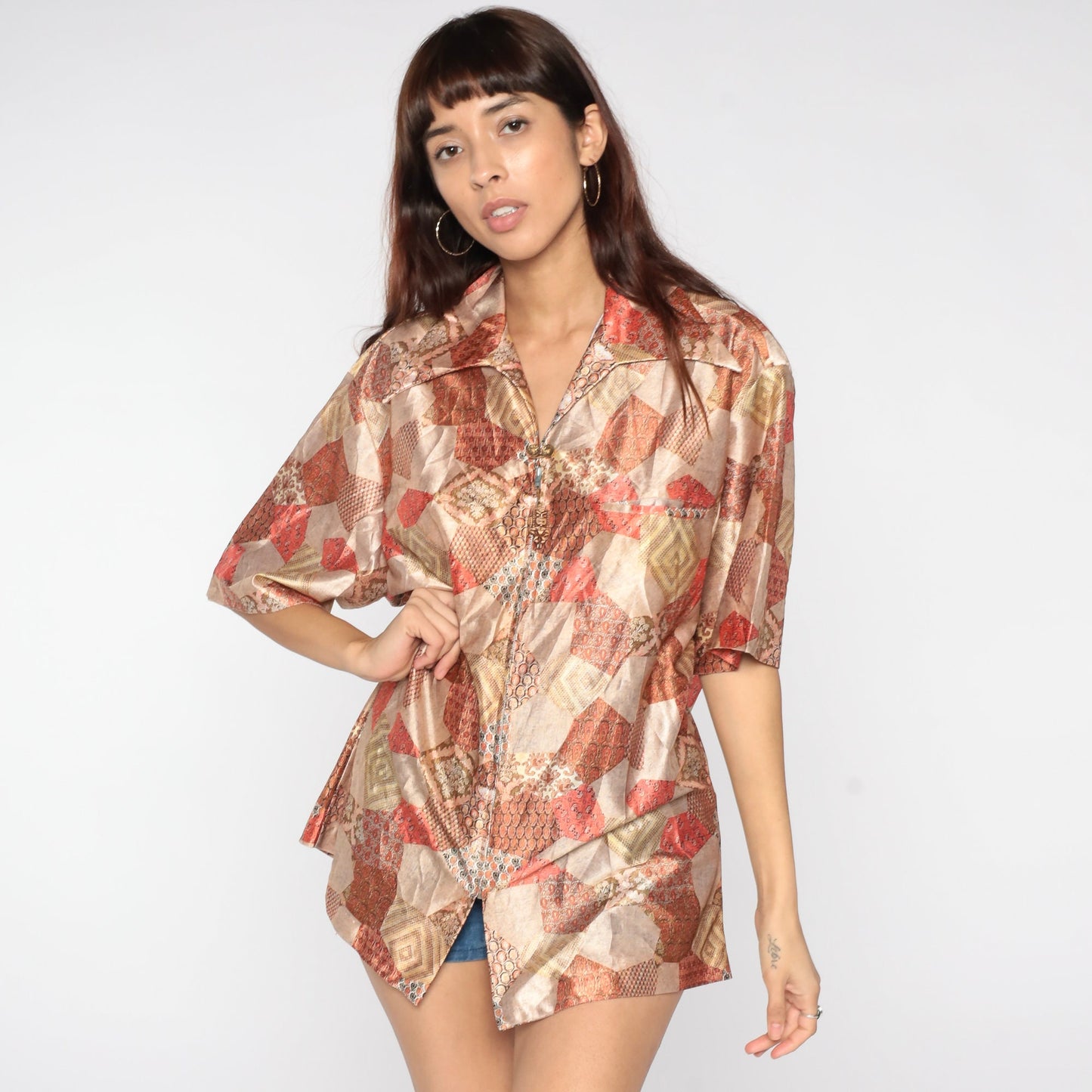 70s Patchwork Paisley Zip Shirt Short Sleeve Psychedelic Blouse Large