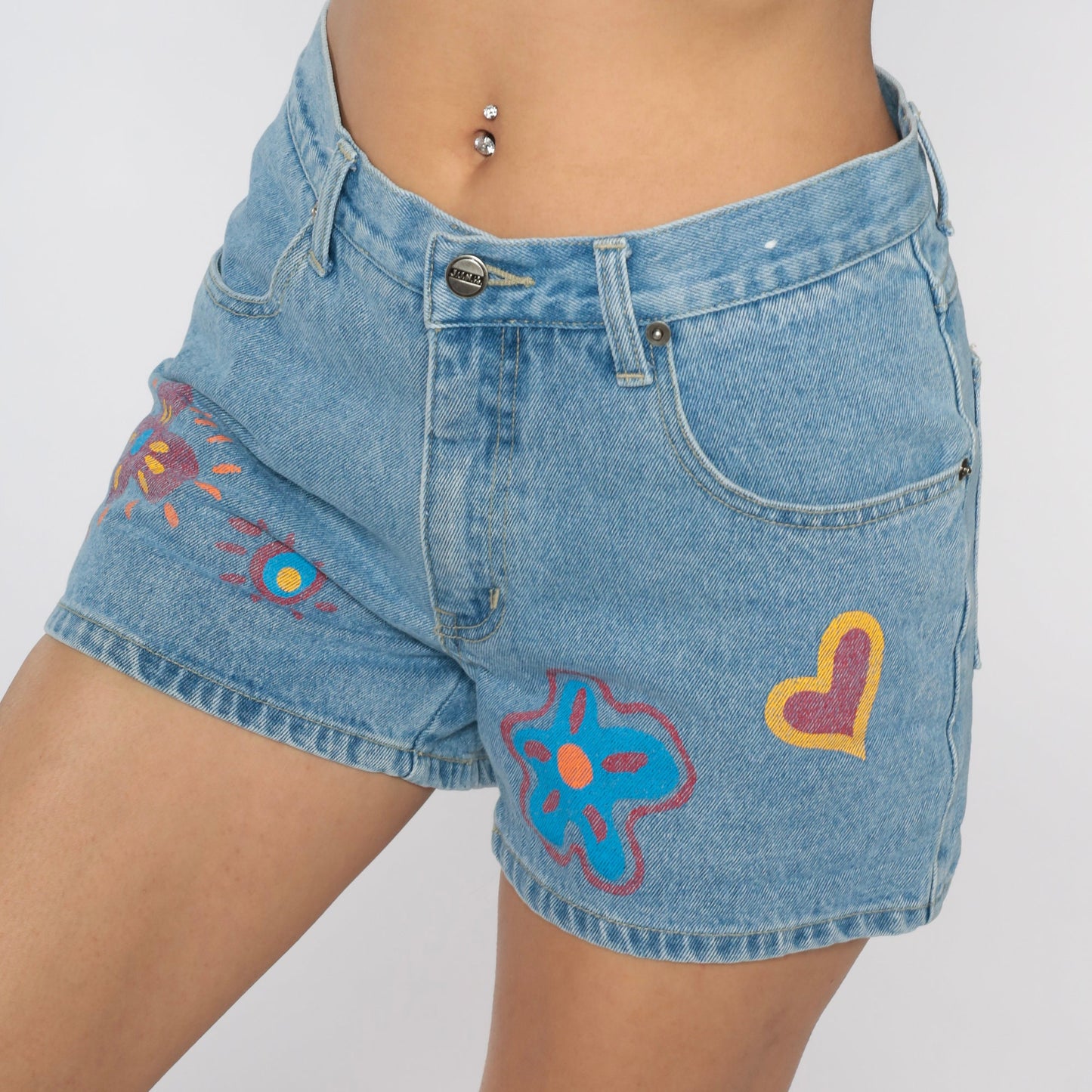 90s Junk Jeans Denim Shorts Painted Flower Heart Print Blue Medium
