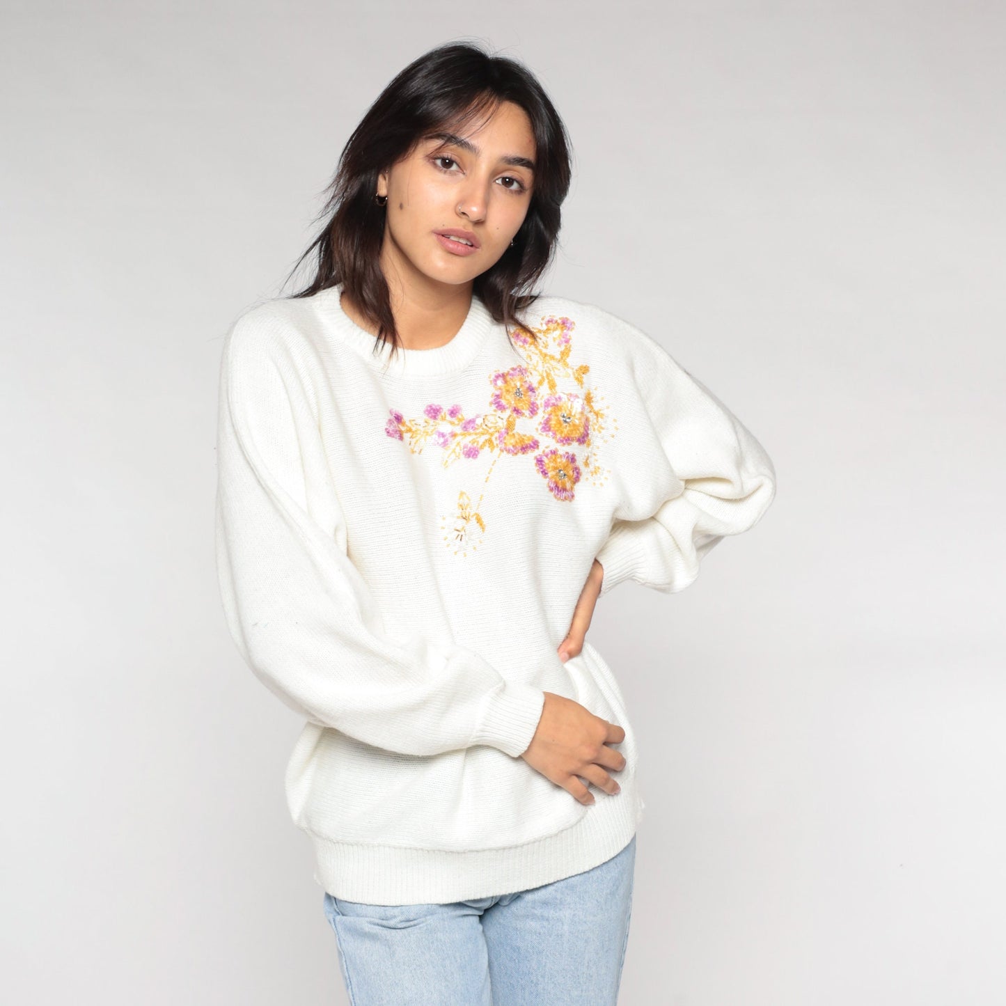90s White Floral Sequin Beaded Sweater Dolman Sleeve Knit Large