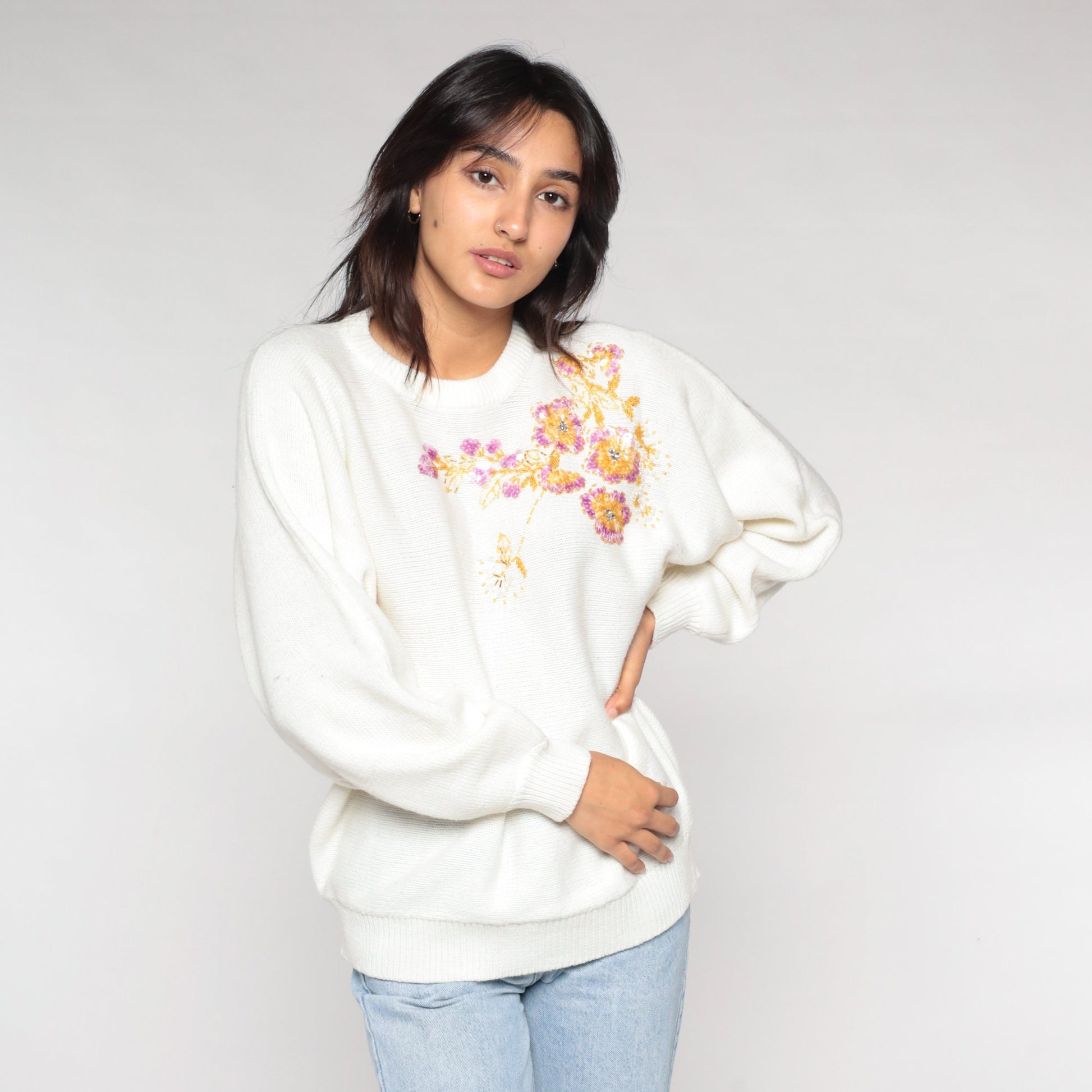 90s White Floral Sequin Beaded Sweater Dolman Sleeve Knit Large