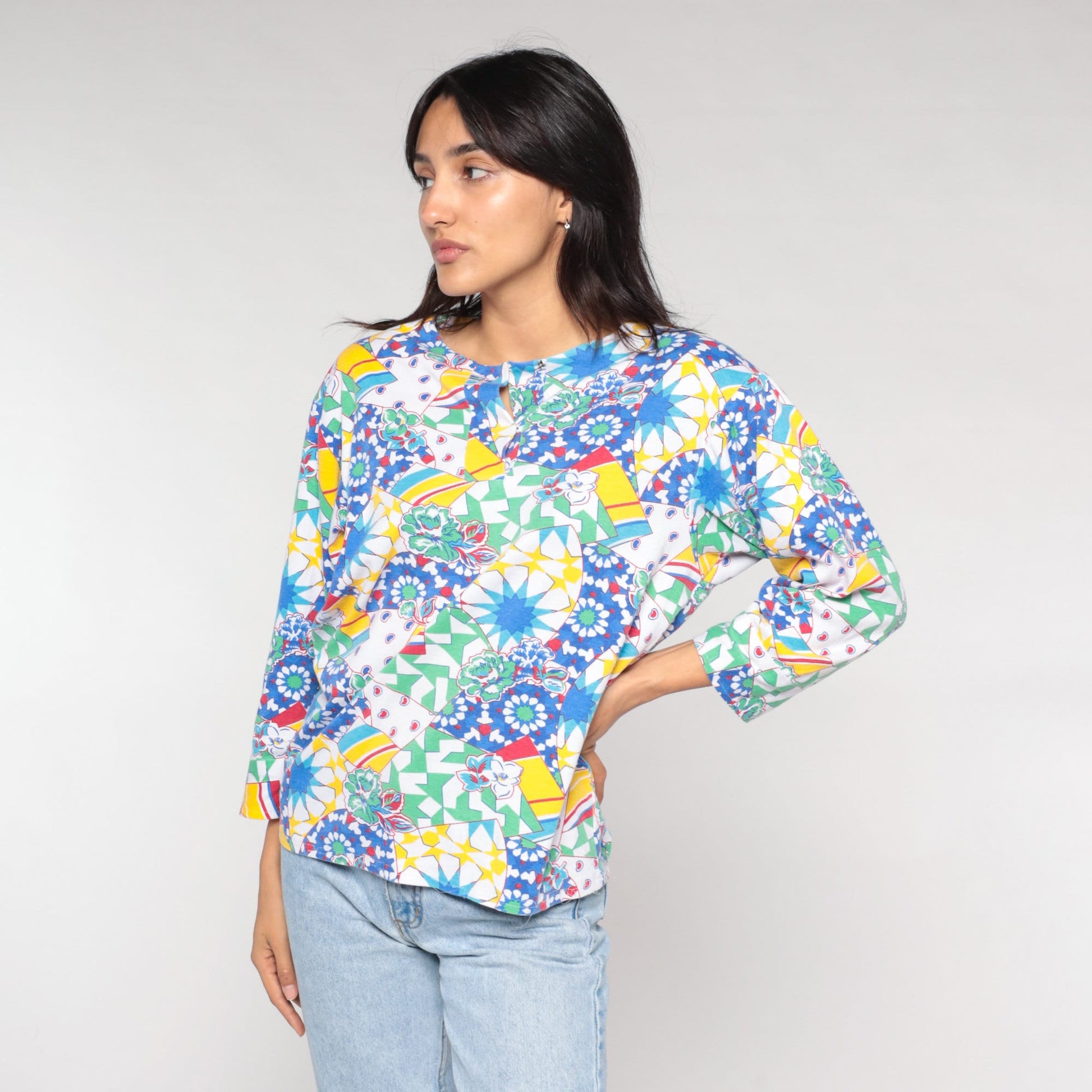 90s Abstract Floral Print Blouse Colorful Psychedelic 3/4 Sleeve White Large L