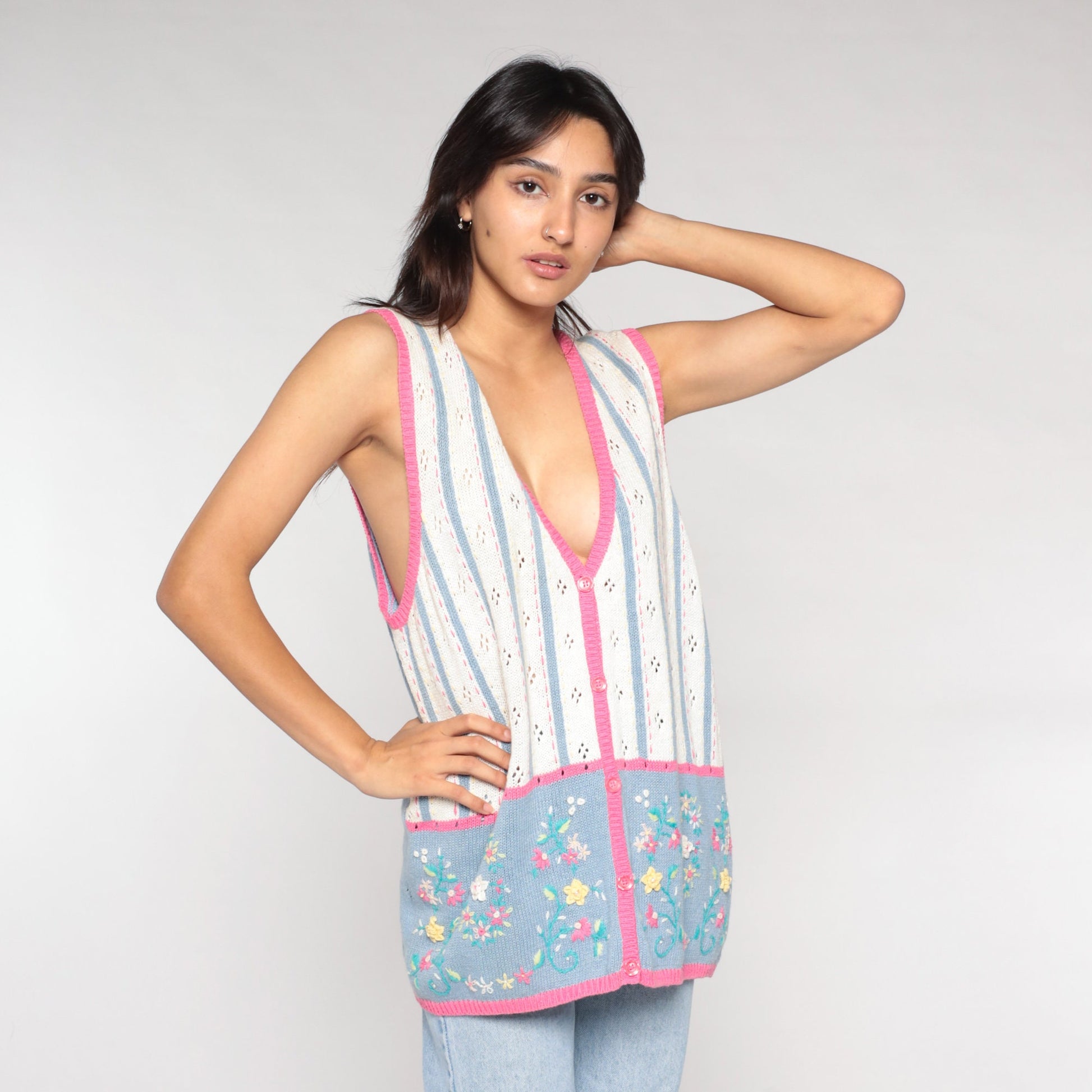 90s Floral Pointelle Knit Sweater Vest Button-Up White Pink Blue Extra Large XXL