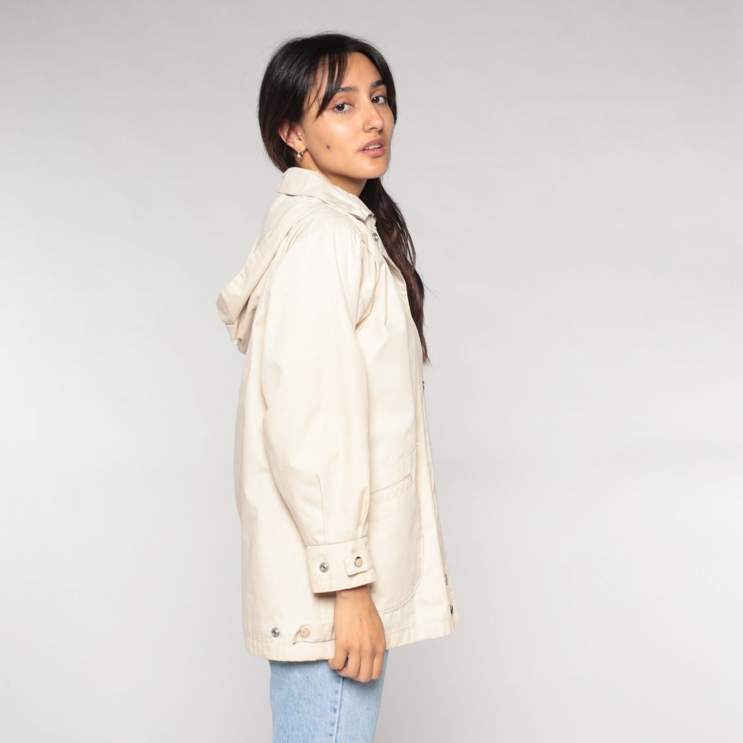 90s London Fog Cream Hooded Windbreaker Jacket Small S