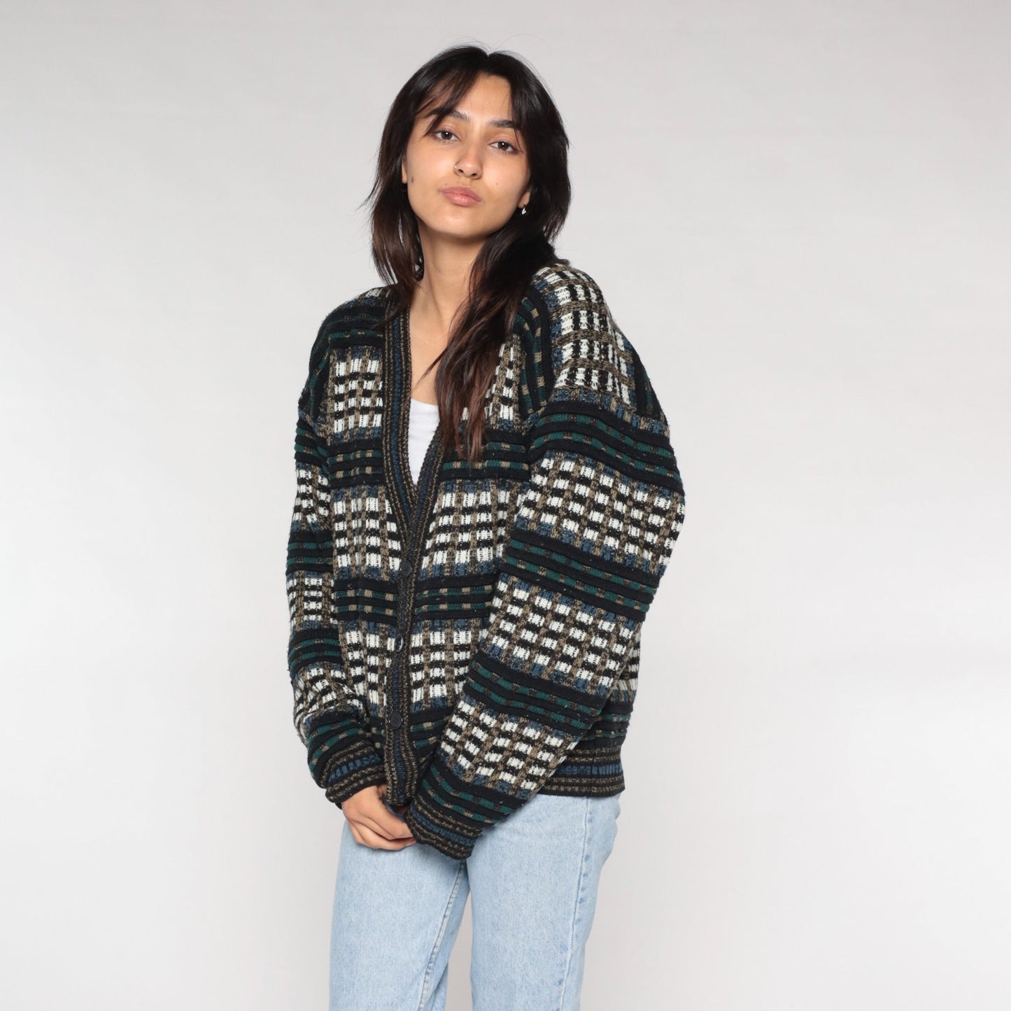90s Checkered Cardigan Button-Up Knit Sweater Multicolor Large
