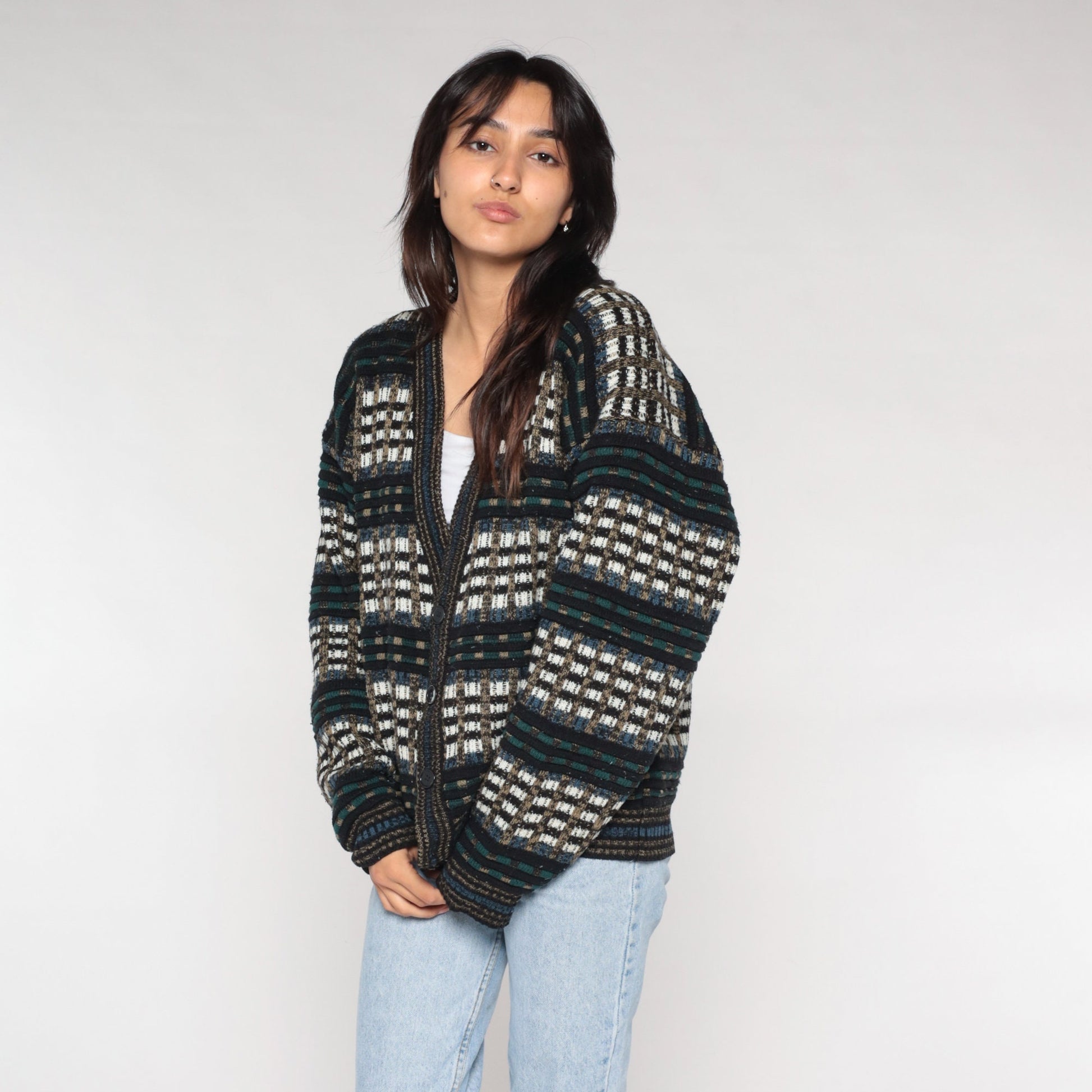 90s Checkered Cardigan Button-Up Knit Sweater Multicolor Large