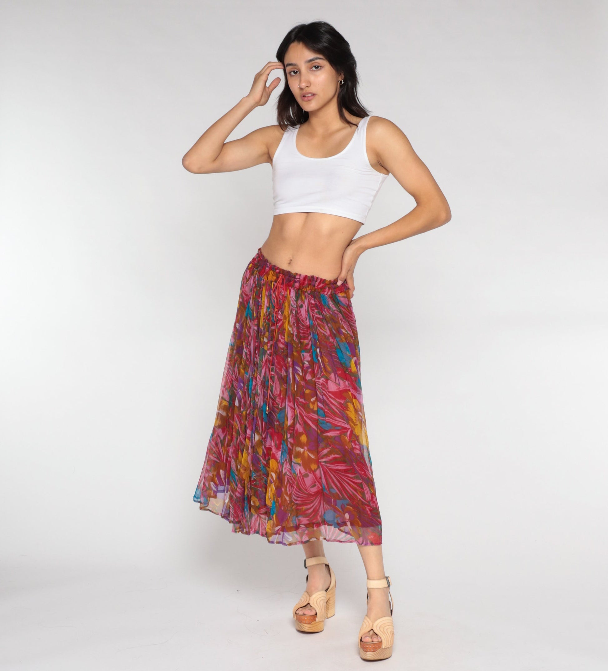 90s Red Floral Broomstick Midi Skirt Drawstring Waist Medium M