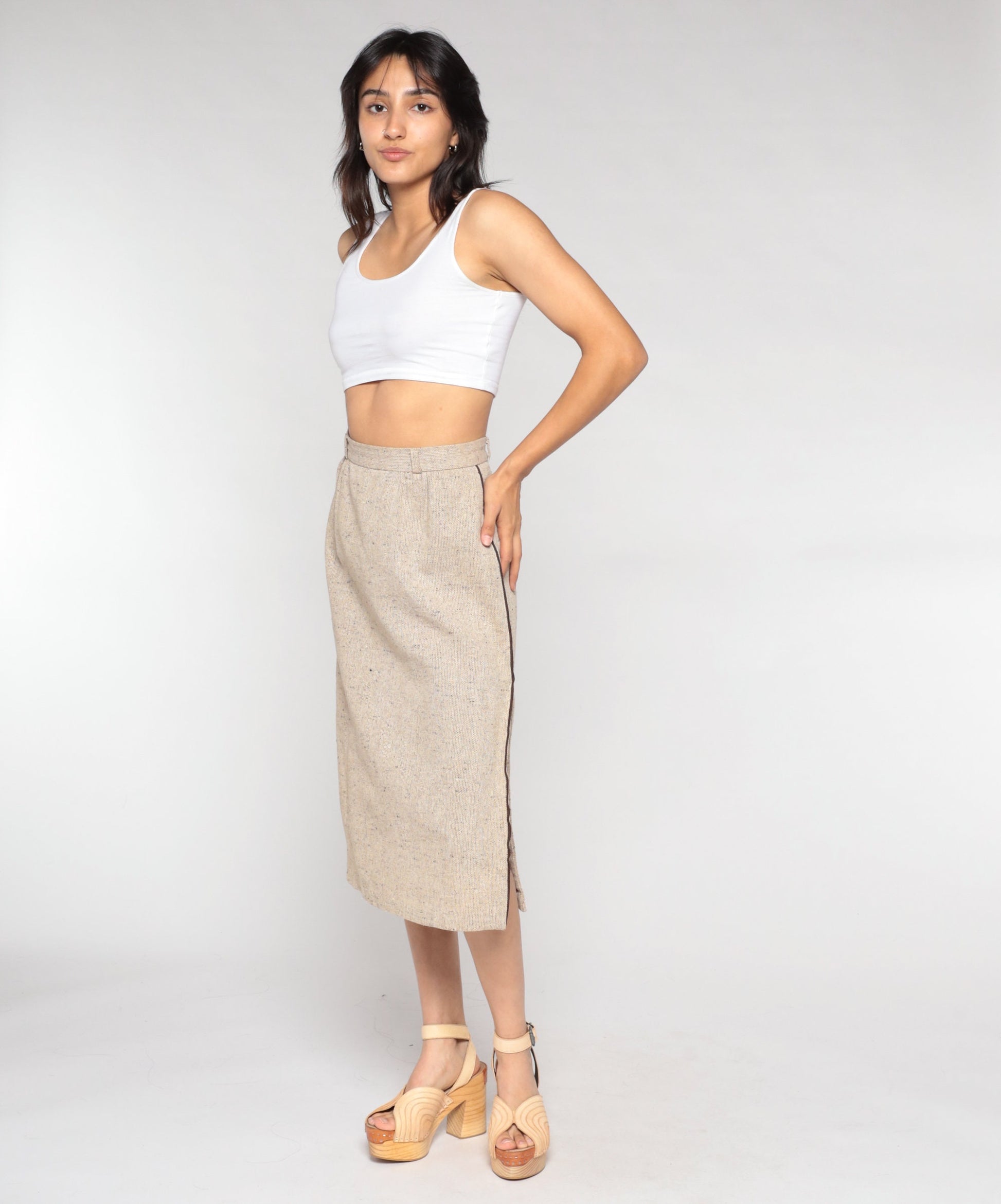 70s Tan Pencil Midi Skirt High Waist Side Slit Woven Extra Small