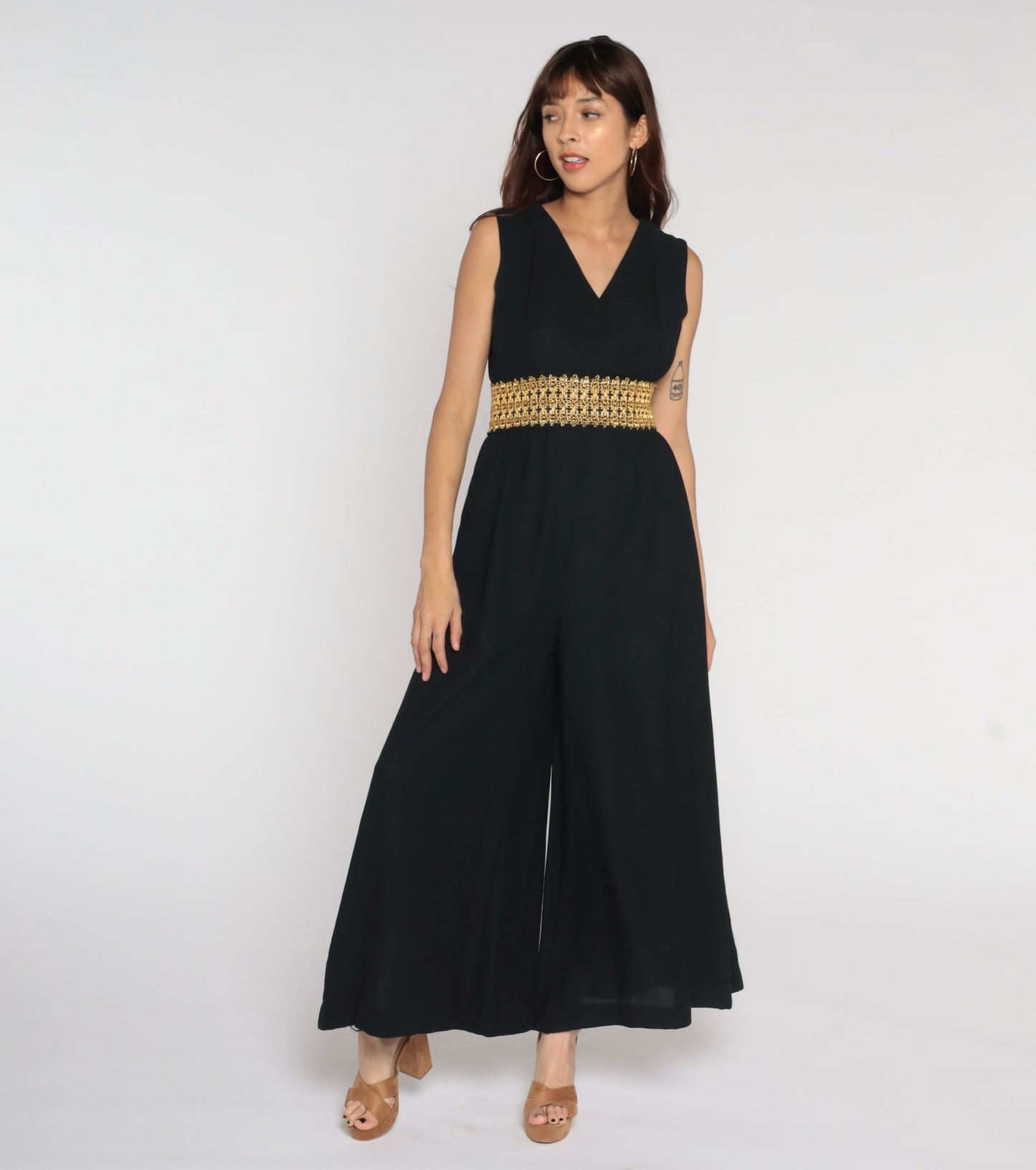 70s Black Jumpsuit Wide Leg Deep V Metallic Trim Sleeveless Small