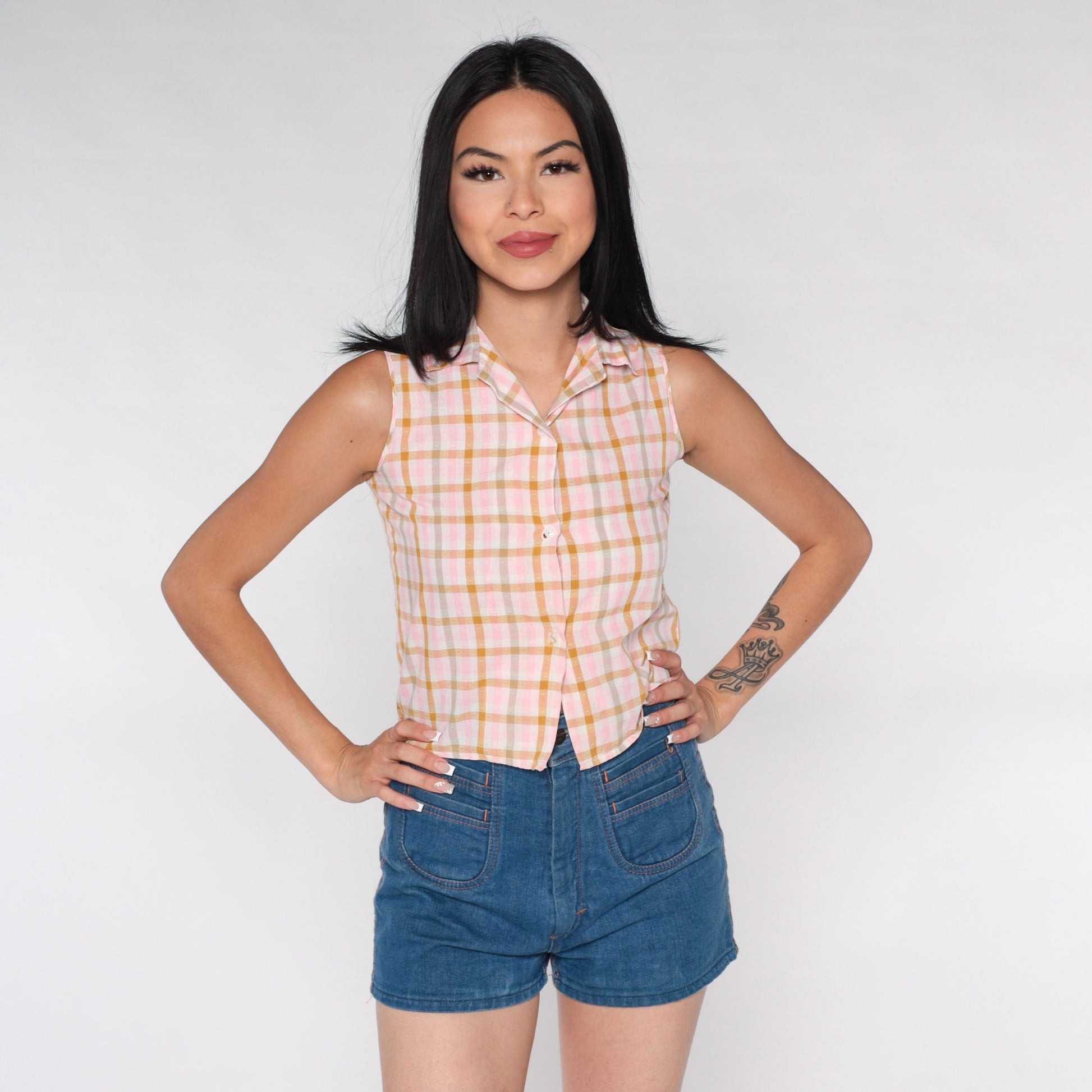 70s Pink Checkered Button-Up Blouse Sleeveless Plaid Top XXS