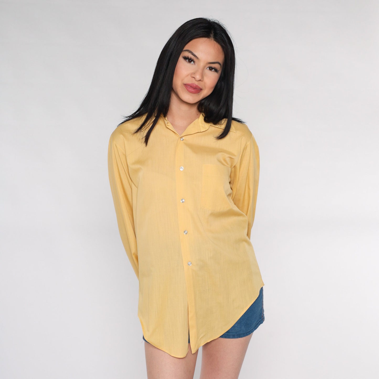 70s Yellow Dagger Collar Button-Up Shirt Long Sleeve Men's Medium