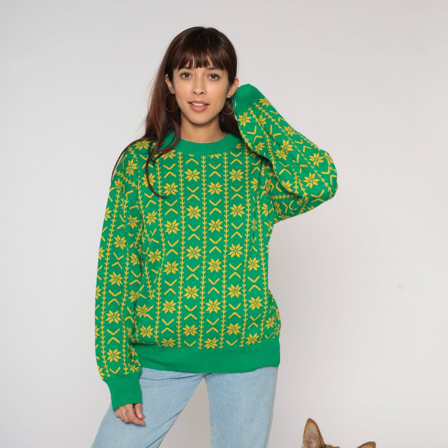 90s Green Fair Isle Snowflake Sweater Yellow Geometric Knit Crewneck Large L