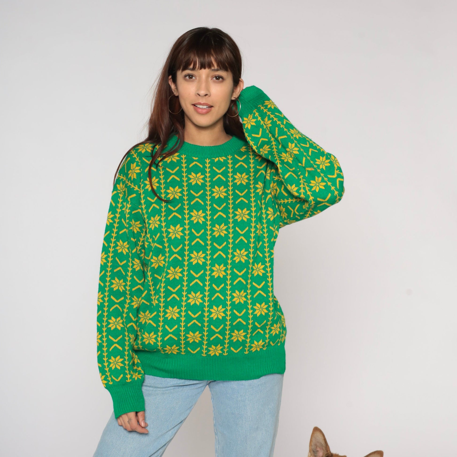 90s Green Fair Isle Snowflake Sweater Yellow Geometric Knit Crewneck Large L
