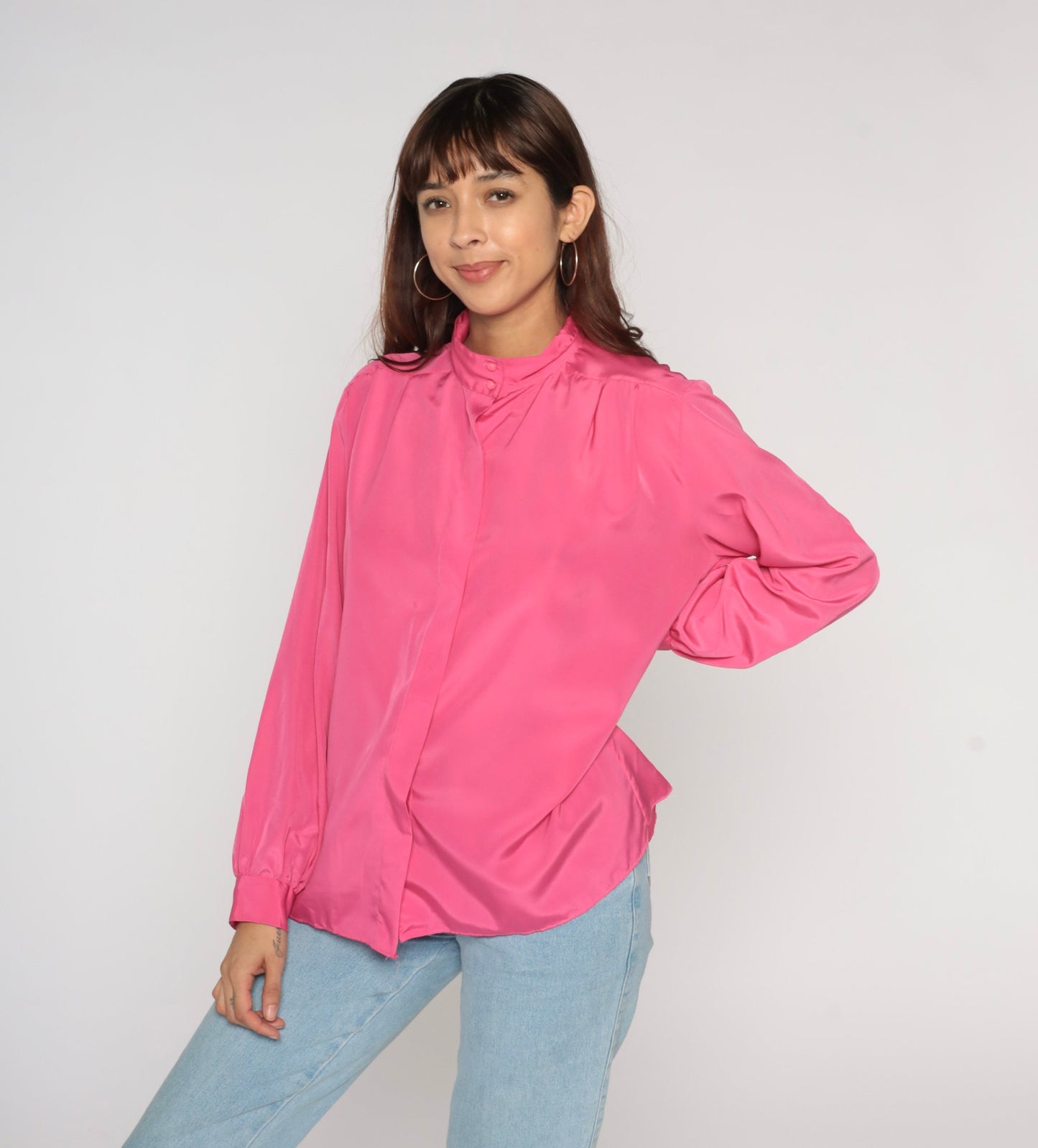 90s Hot Pink Balloon Sleeve Button-Up Blouse Large L