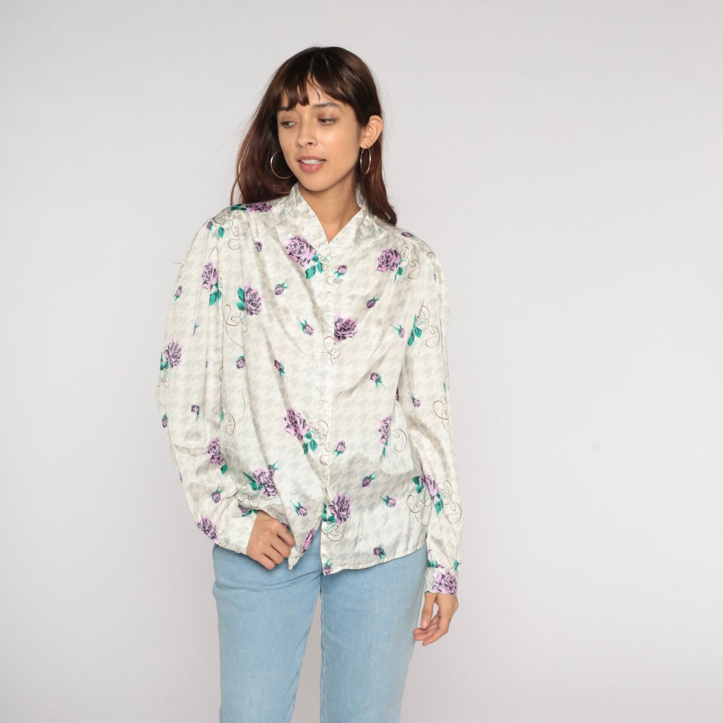 90s Houndstooth Floral Button-Up Blouse Long Sleeve White Grey Purple Medium