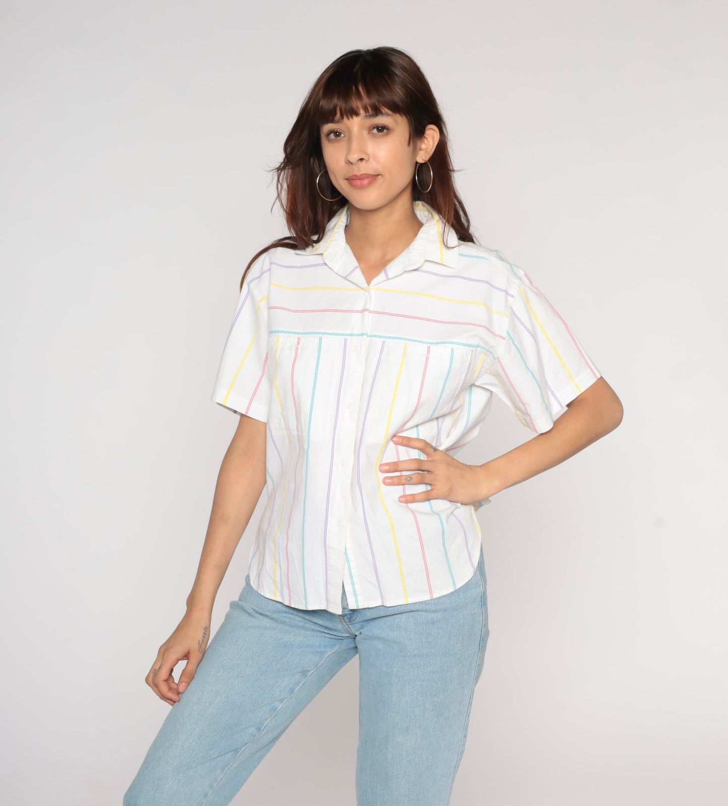 90s White Rainbow Striped Button-Up Blouse Short Sleeve Collared Cotton Medium