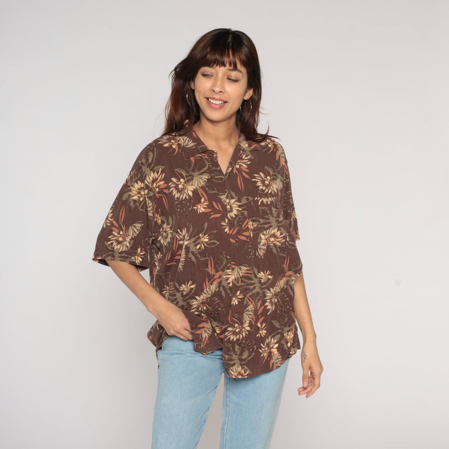 Y2K Geoffrey Beene Floral Leaf Print Silk Blend Button-Up Shirt Brown Large