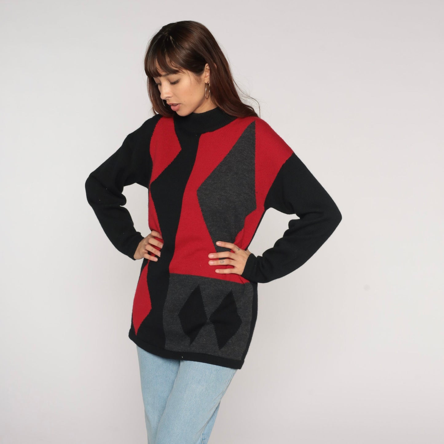 90s Merino Wool Diamond Harlequin Sweater Mock Neck Black Red Charcoal Medium M