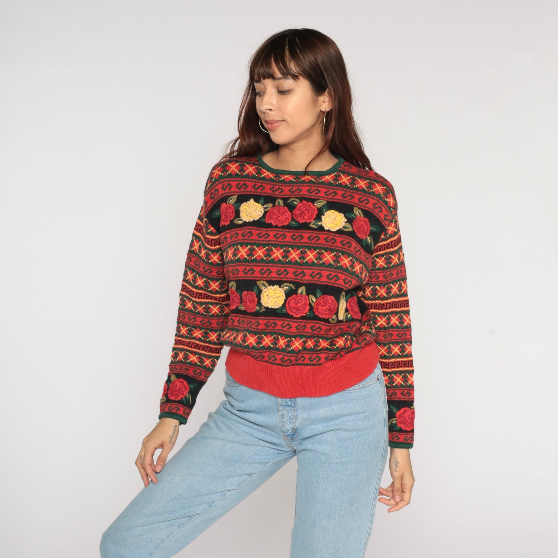 90s Herman Geist Black Red Floral Embroidered Argyle Knit Sweater Large L