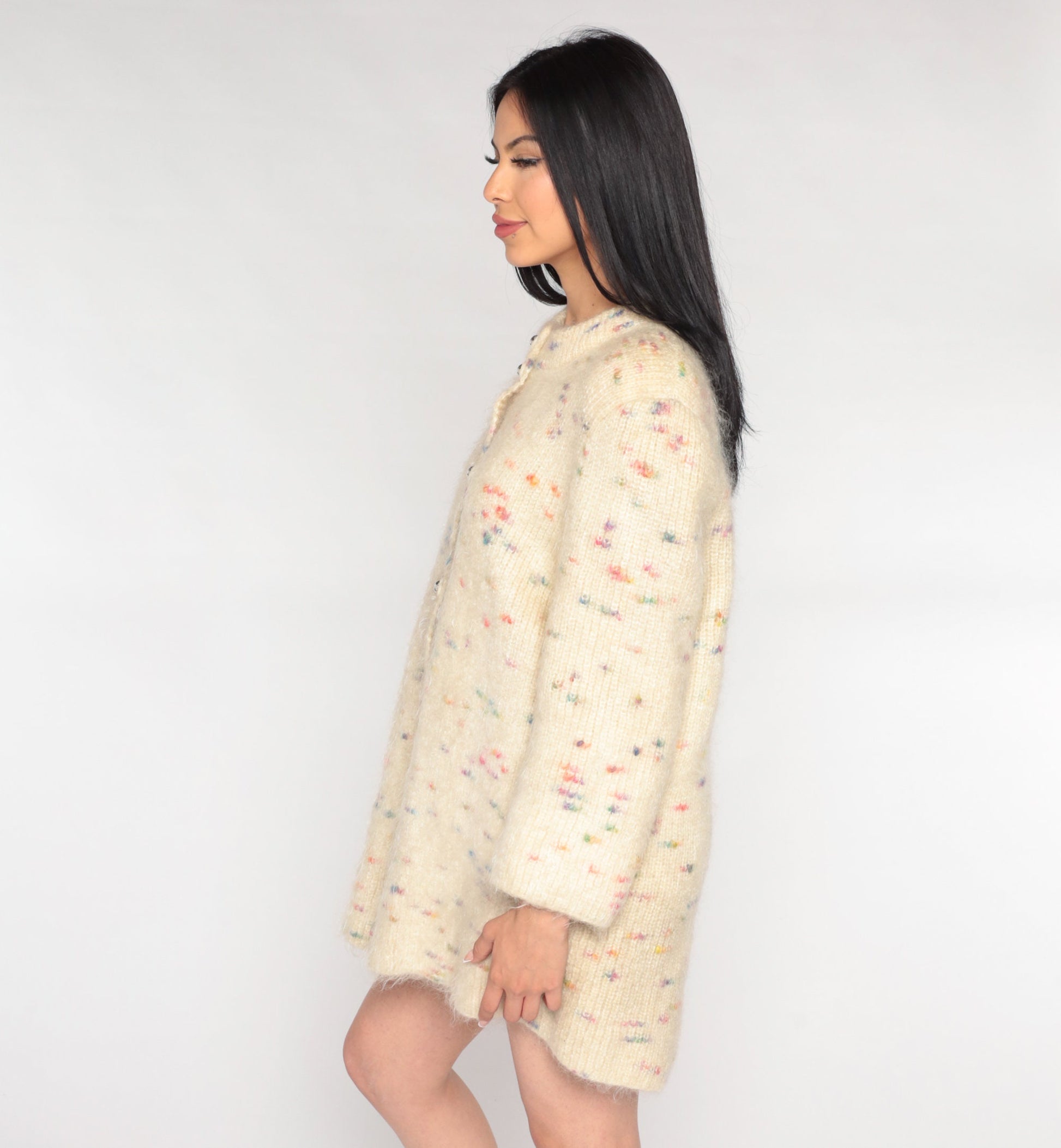 80s Cream Mohair Cardigan Sweater Rainbow Flecks Long Button-Up Medium