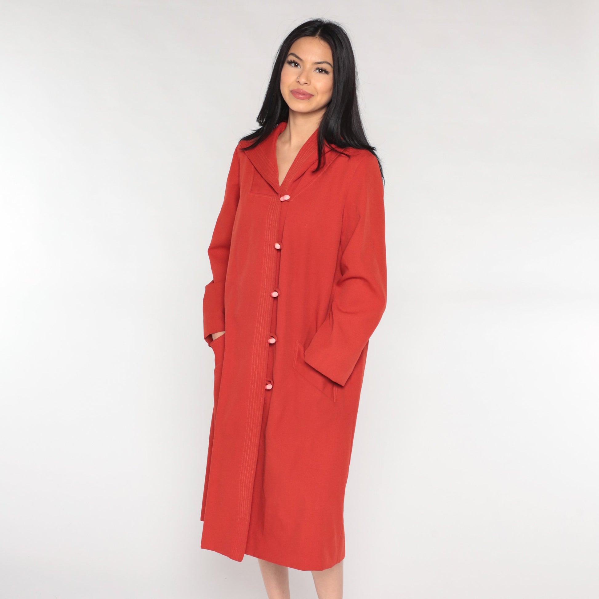 70s Rust Red Hooded Jacket Toggle Button Long Coat Medium