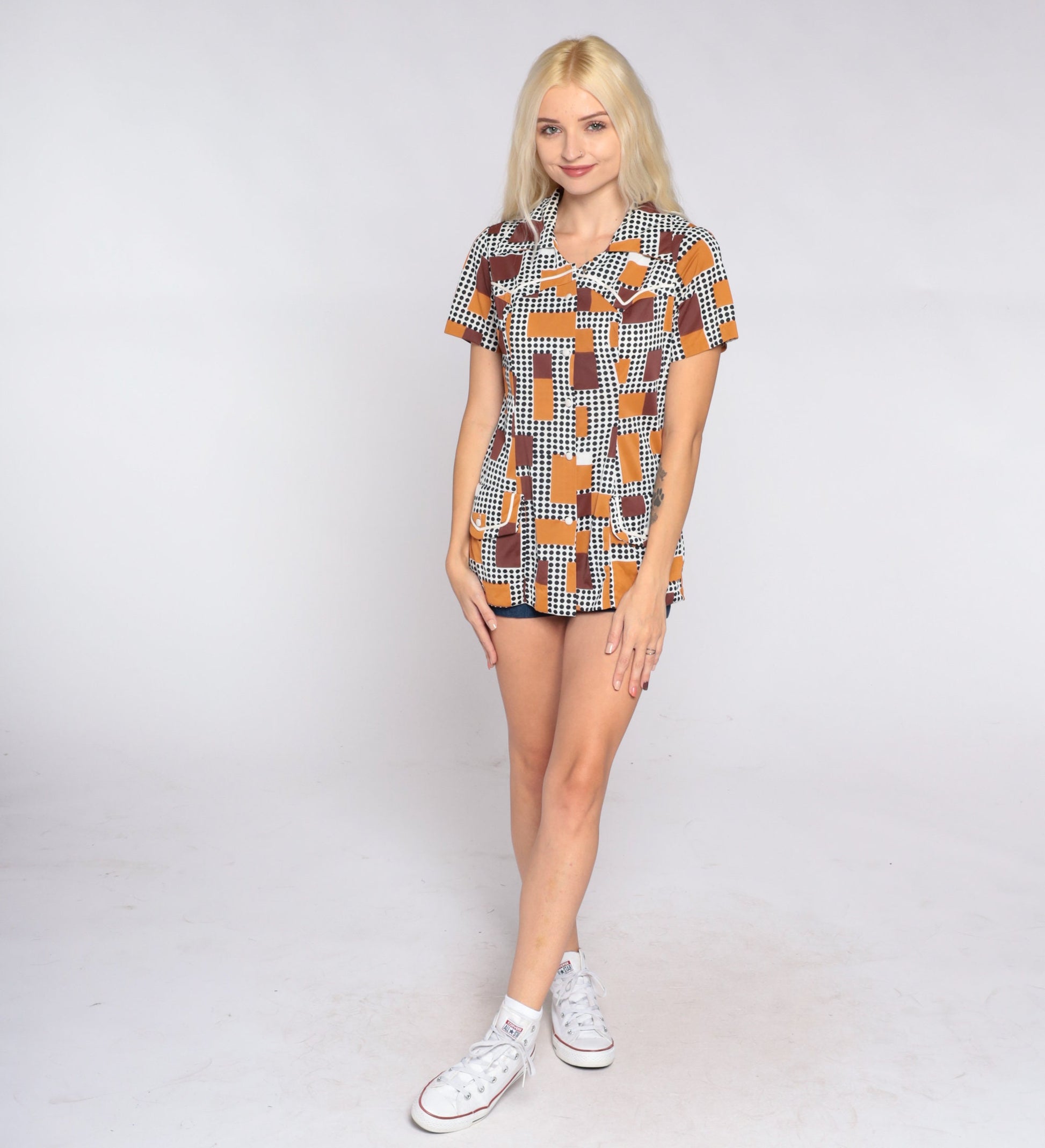 70s Geometric Dot Square Print Button-Up Blouse Black White Brown Small