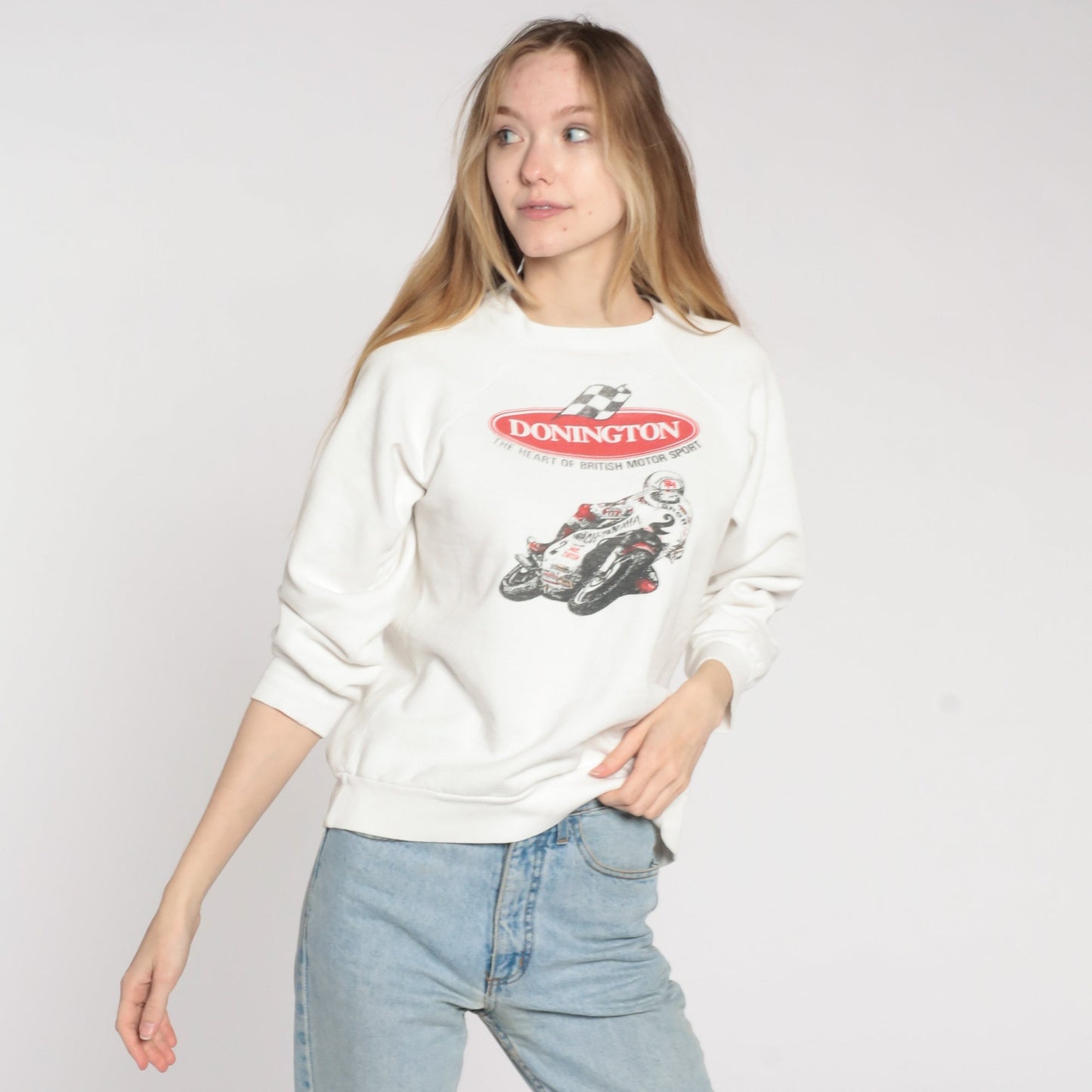 90s Donington Park Motorcycle Racing Sweatshirt White Graphic Crewneck Medium