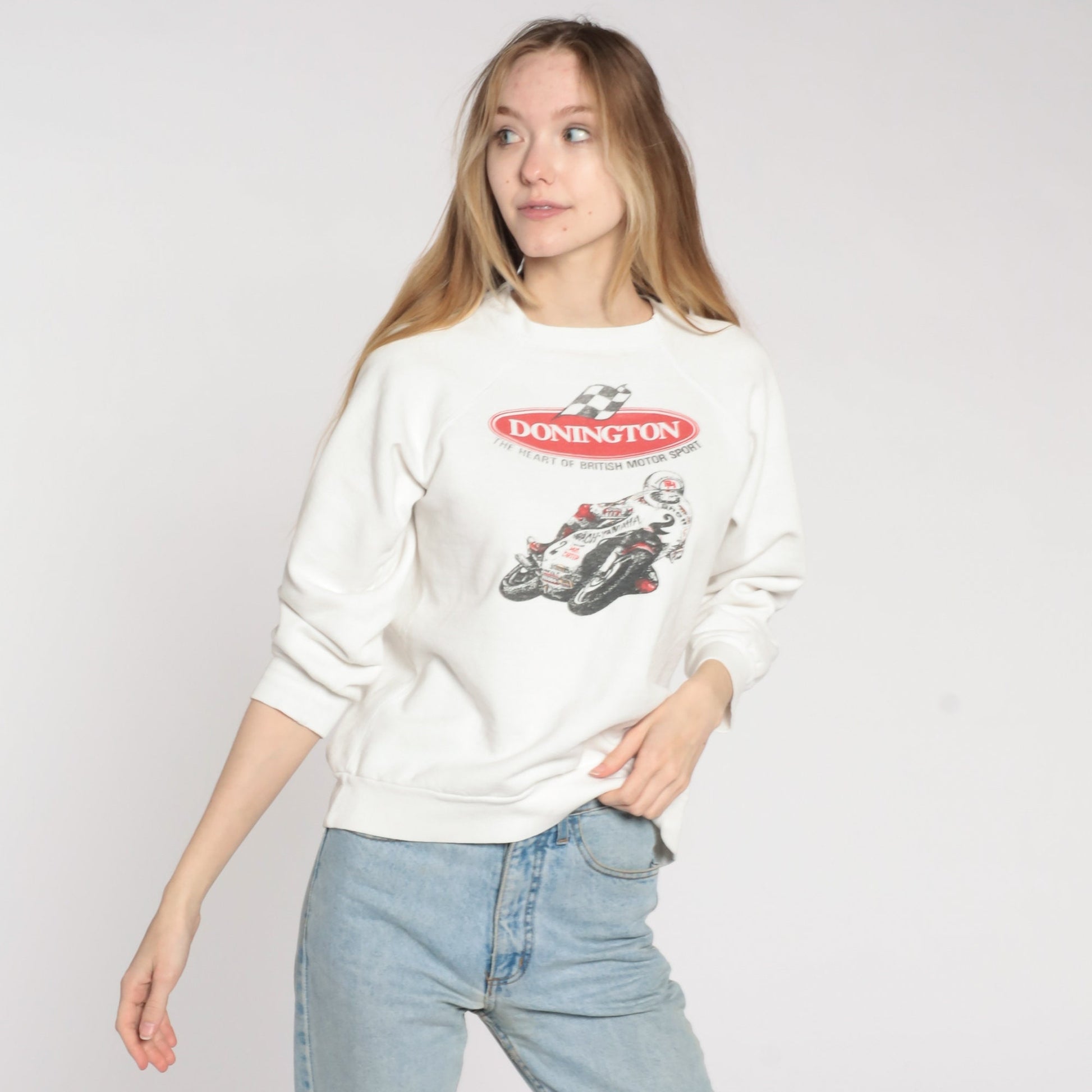 90s Donington Park Motorcycle Racing Sweatshirt White Graphic Crewneck Medium