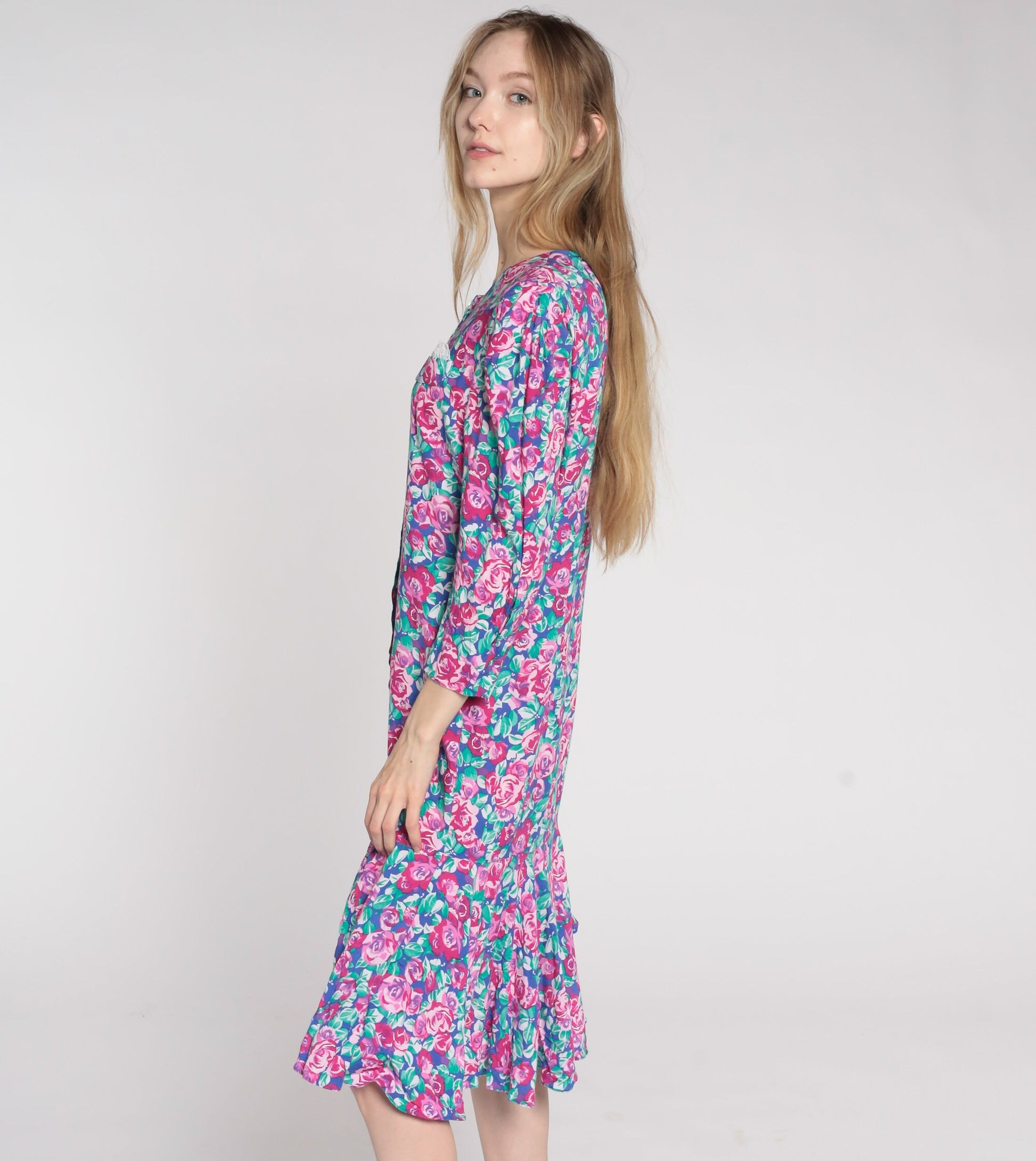 90s Floral Midi Dress Pink Rose Print Button-Up Long Sleeve Drop Waist Small