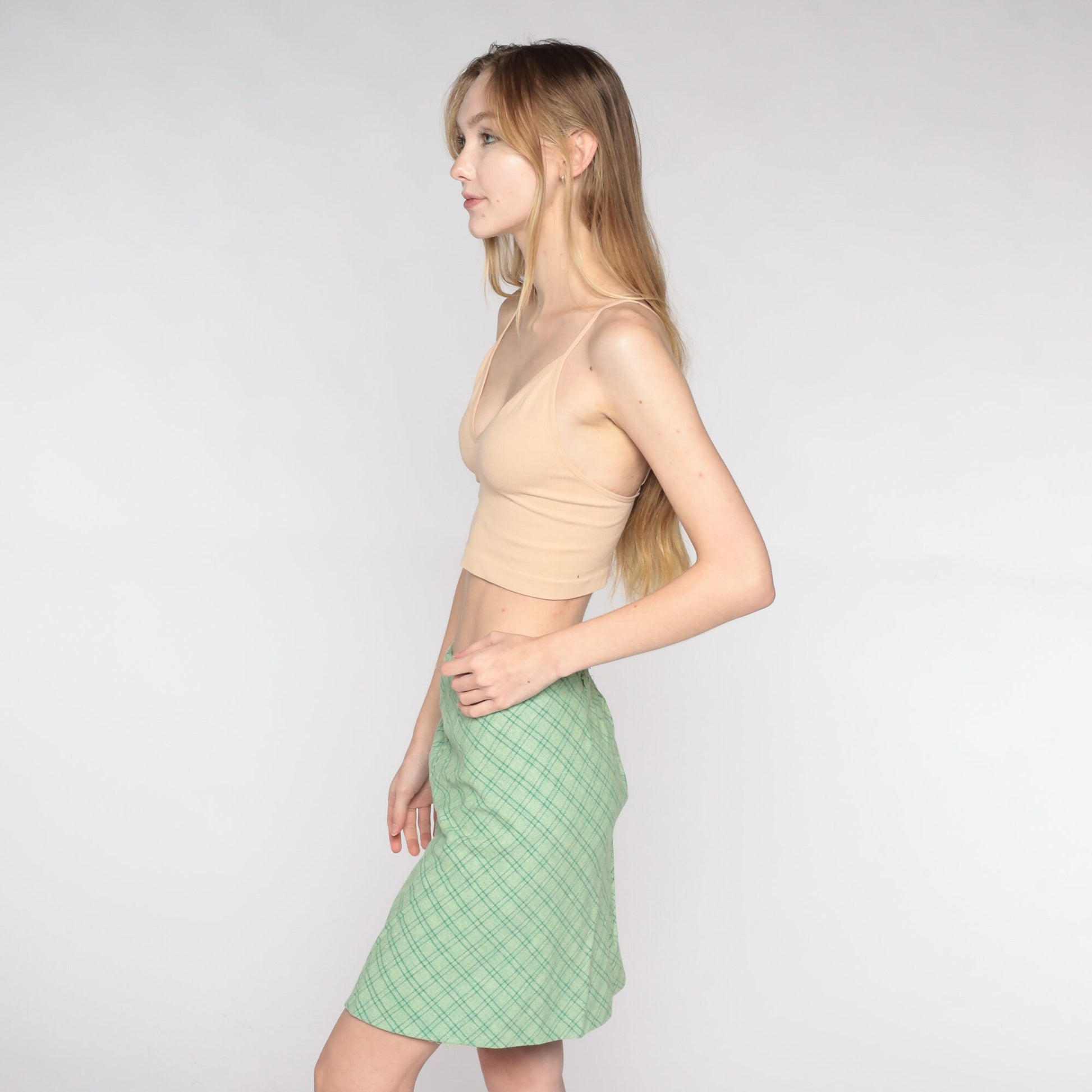60s Green Checkered Mini Skirt High Waist Pencil Cut Small