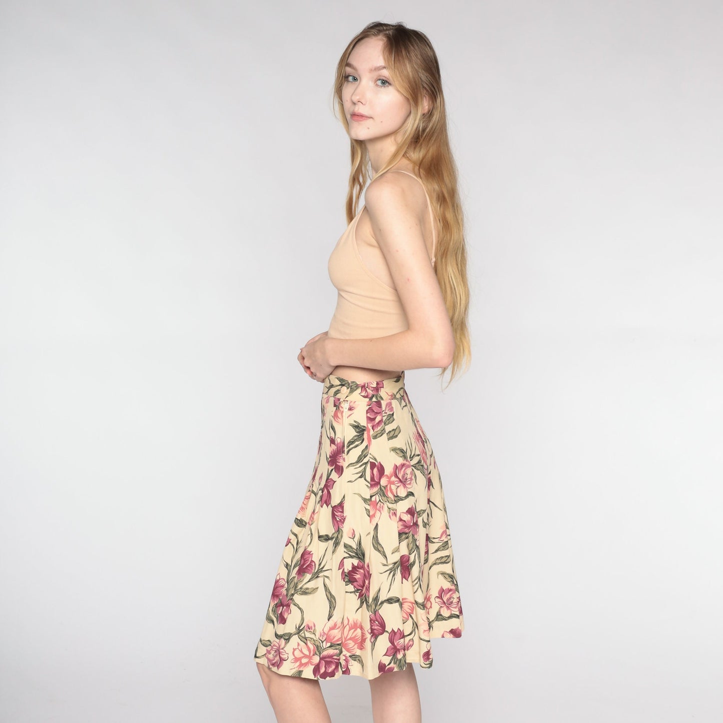 90s Floral Pleated Skirt High Waist Knee Length Yellow Pink Extra Small