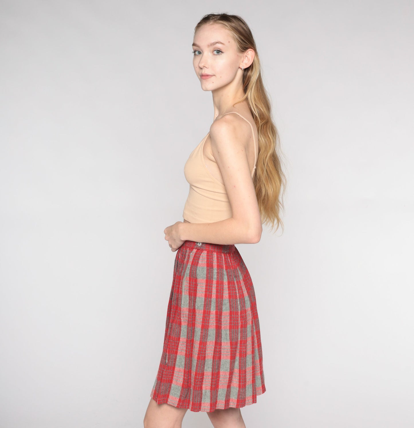 60s Red Grey Plaid Wool Mini Skirt High Waist Pleated XXS