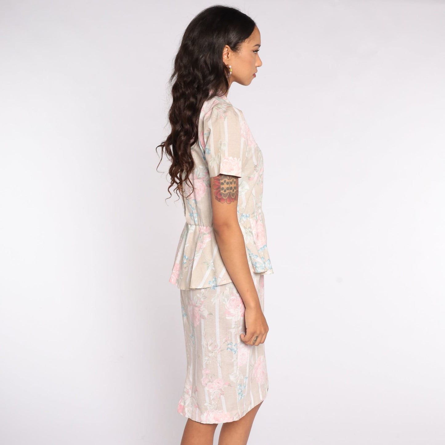 80s Floral Midi Shirtdress Beige Pink Peplum High Waist Button Up Small
