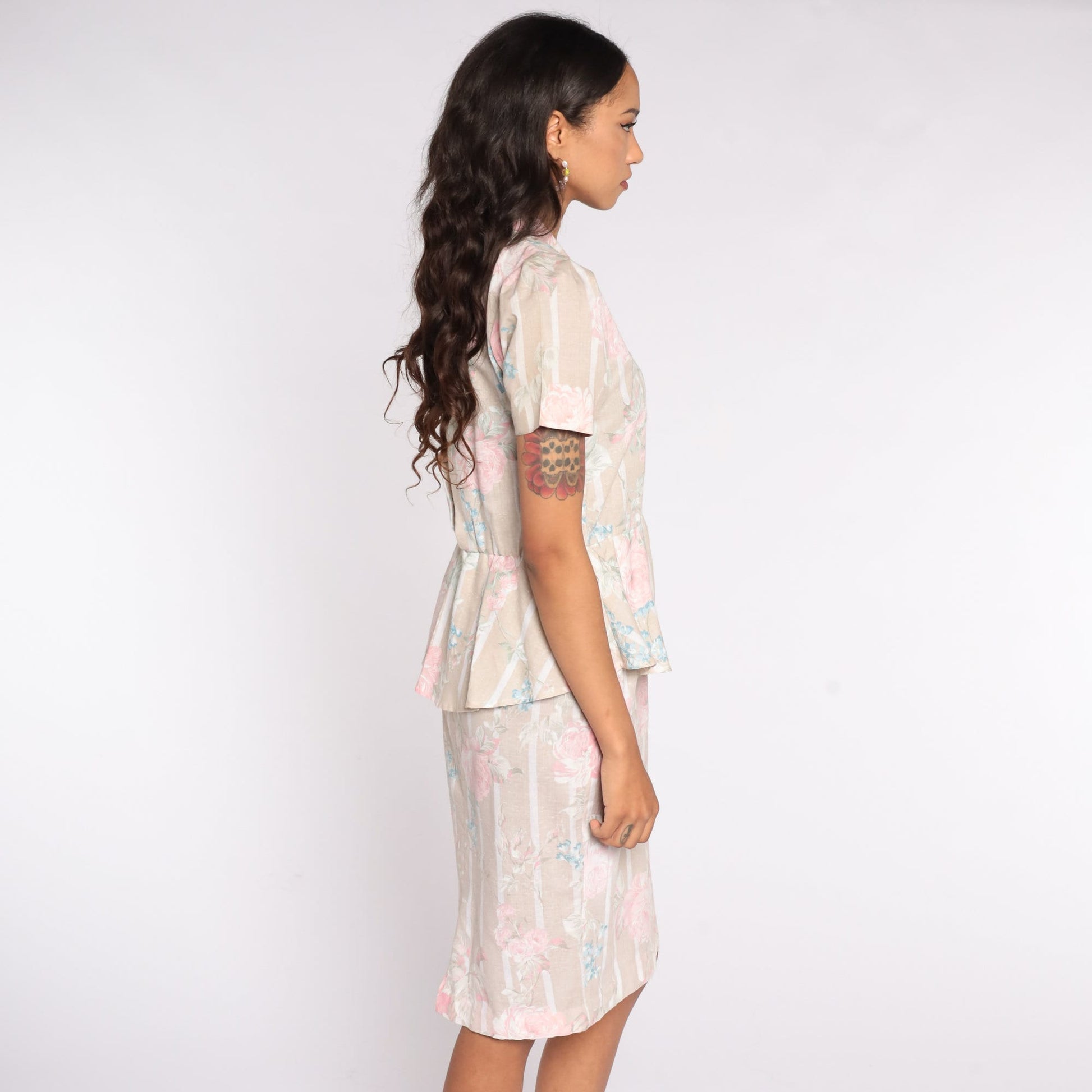 80s Floral Midi Shirtdress Beige Pink Peplum High Waist Button Up Small