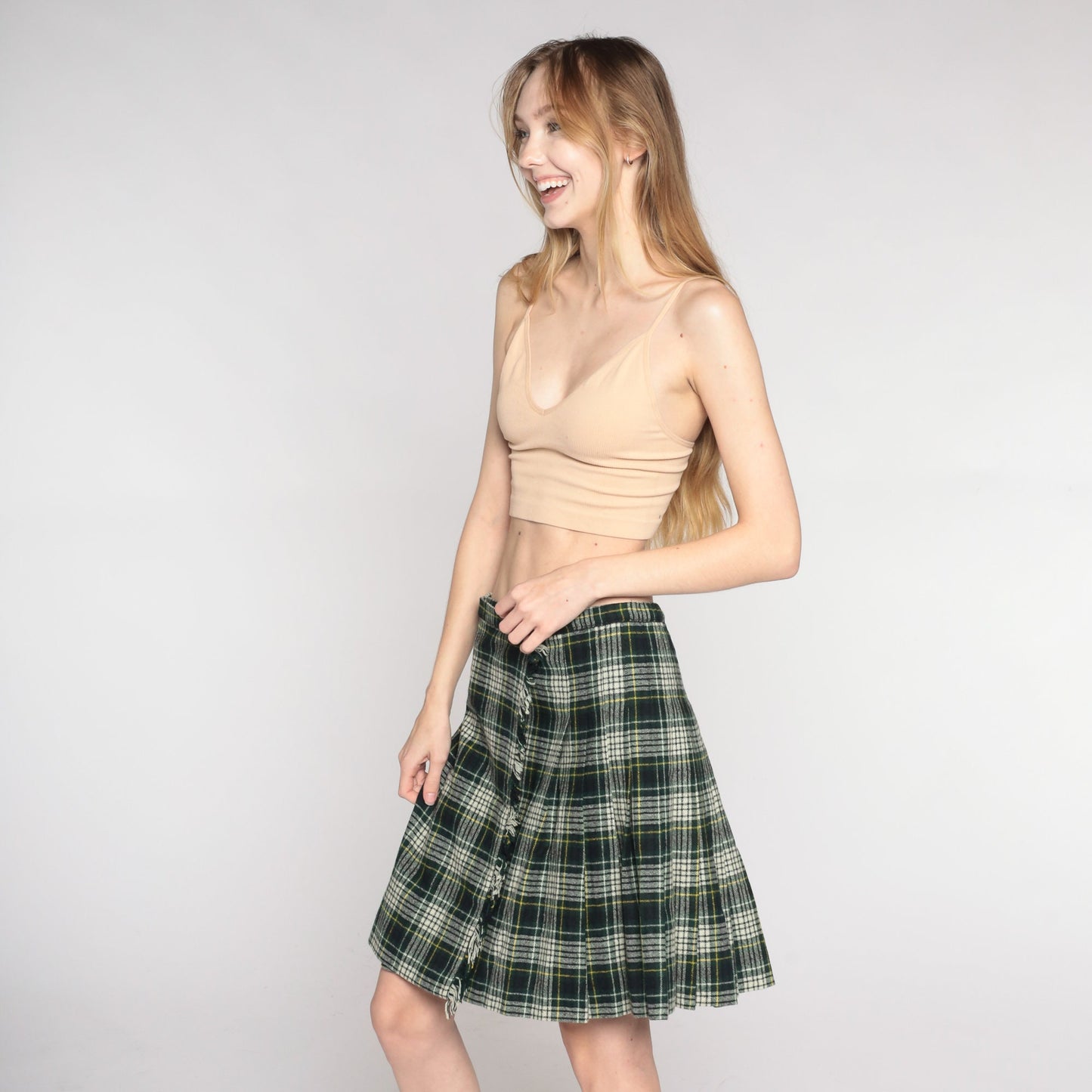 90s Plaid Wool Mini Skirt High Waist Wrap Navy Green White Small