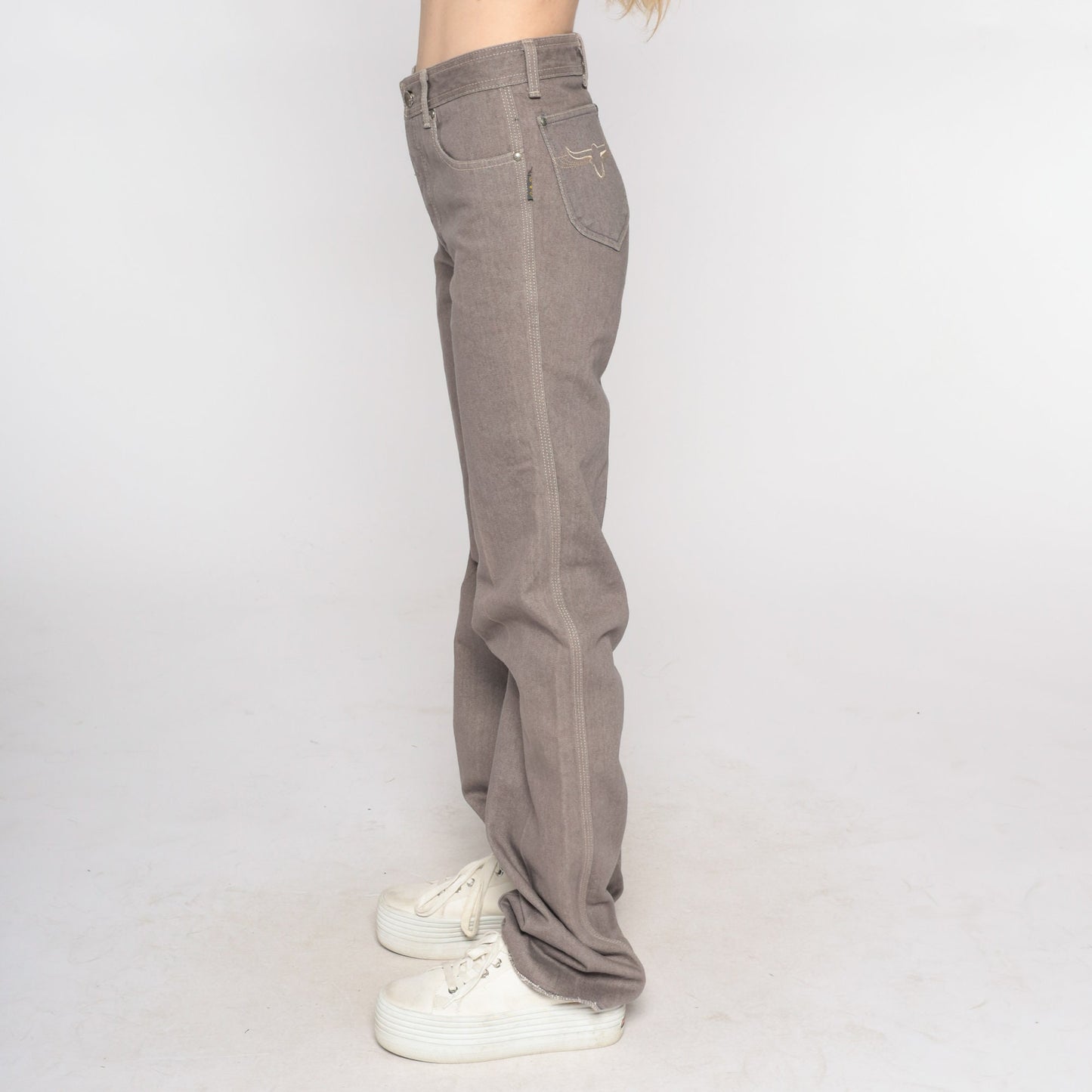 90s Sergio Valente Western Jeans Taupe High Waist Straight Leg Embroidered Steer Small