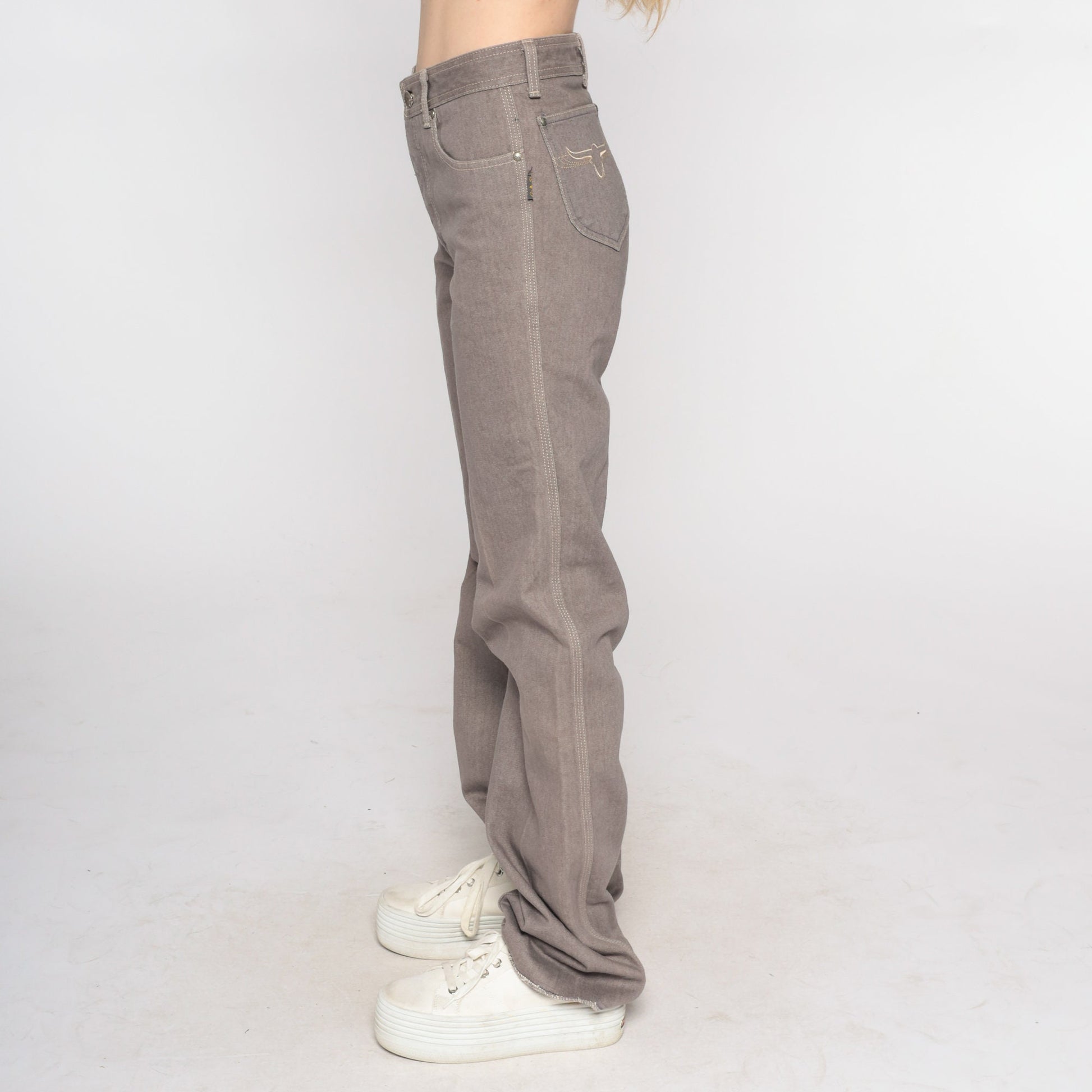 90s Sergio Valente Western Jeans Taupe High Waist Straight Leg Embroidered Steer Small