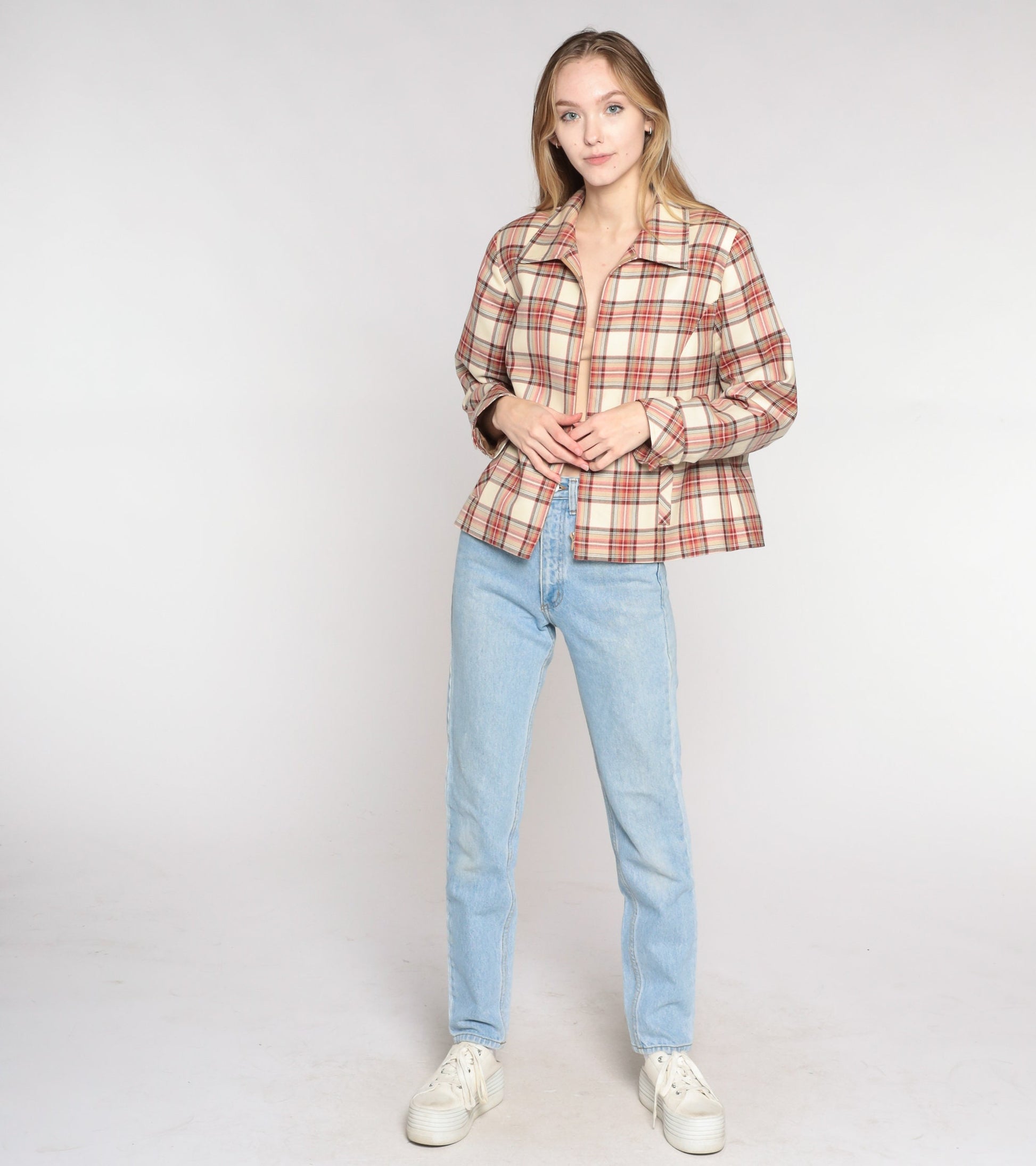 Pendleton Plaid Wool Zip Jacket Cream Red Checkered Collared Coat Large L
