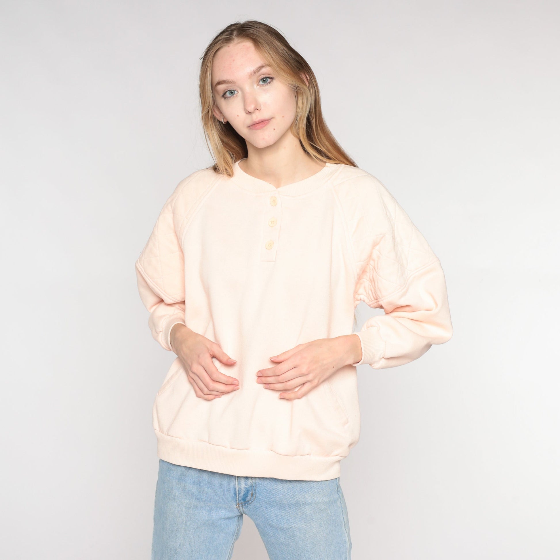 90s Light Pink Quilted Henley Sweatshirt Button Neck Long Sleeve Large L