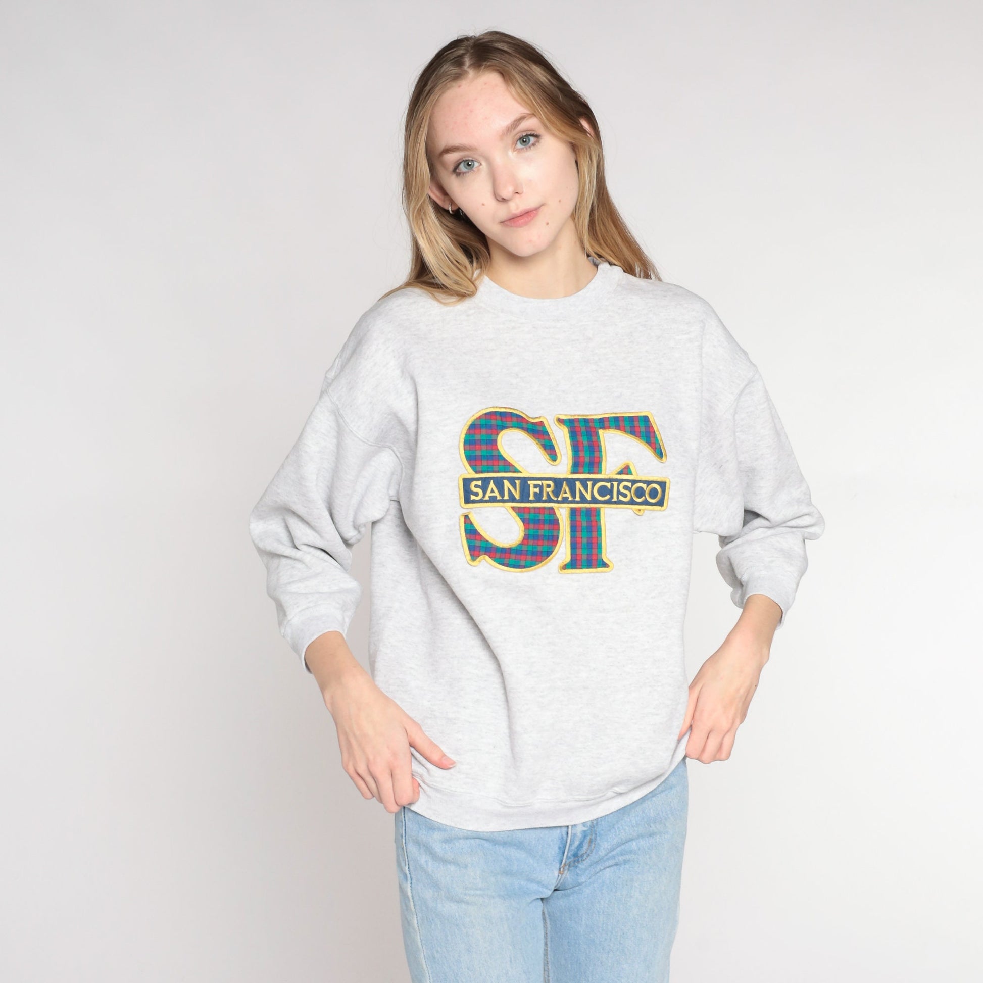 Y2K San Francisco Plaid Sweatshirt Heather Grey 3/4 Sleeve Crewneck Medium Large