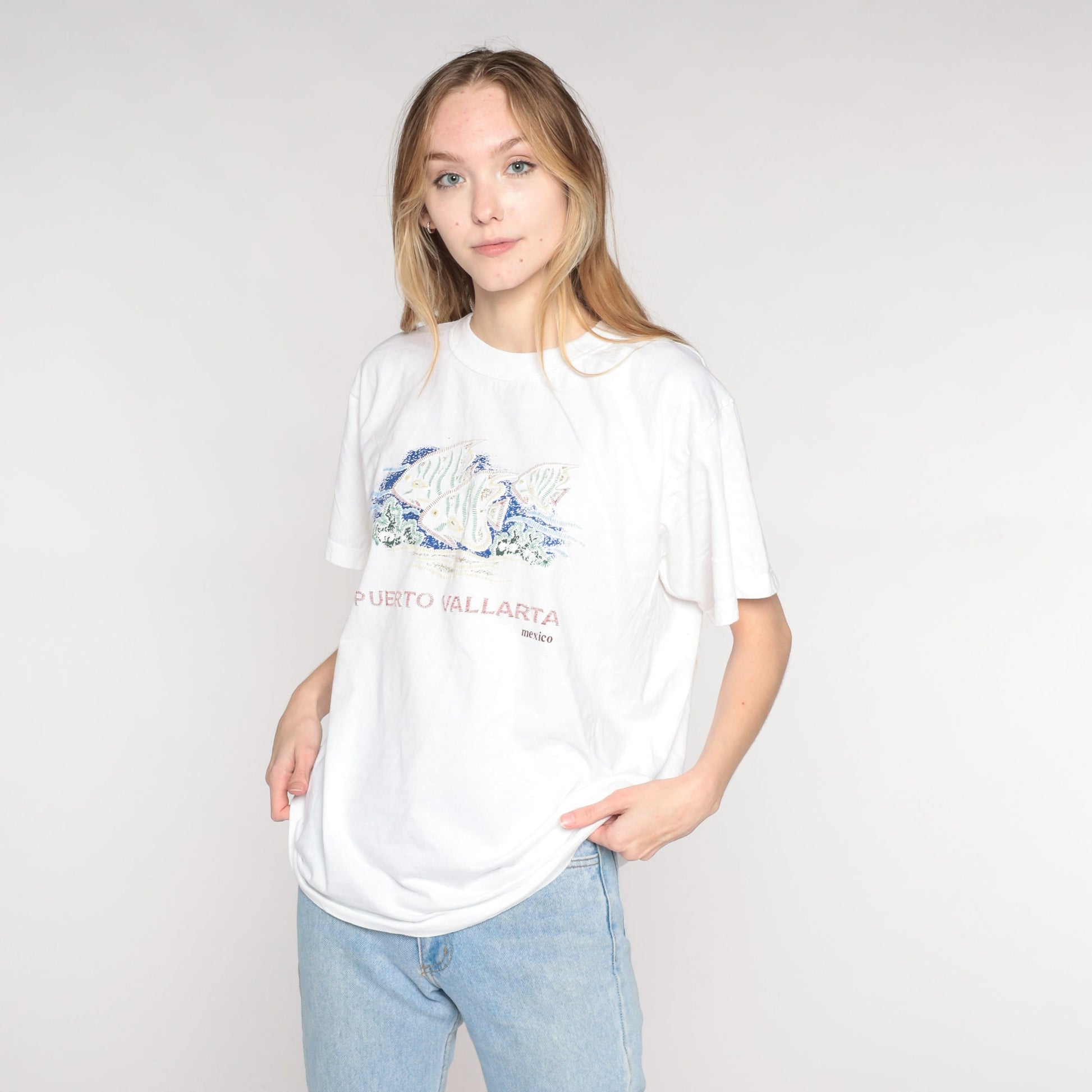 Y2K Puerto Vallarta Tropical Fish Graphic T-Shirt White Cotton Large L