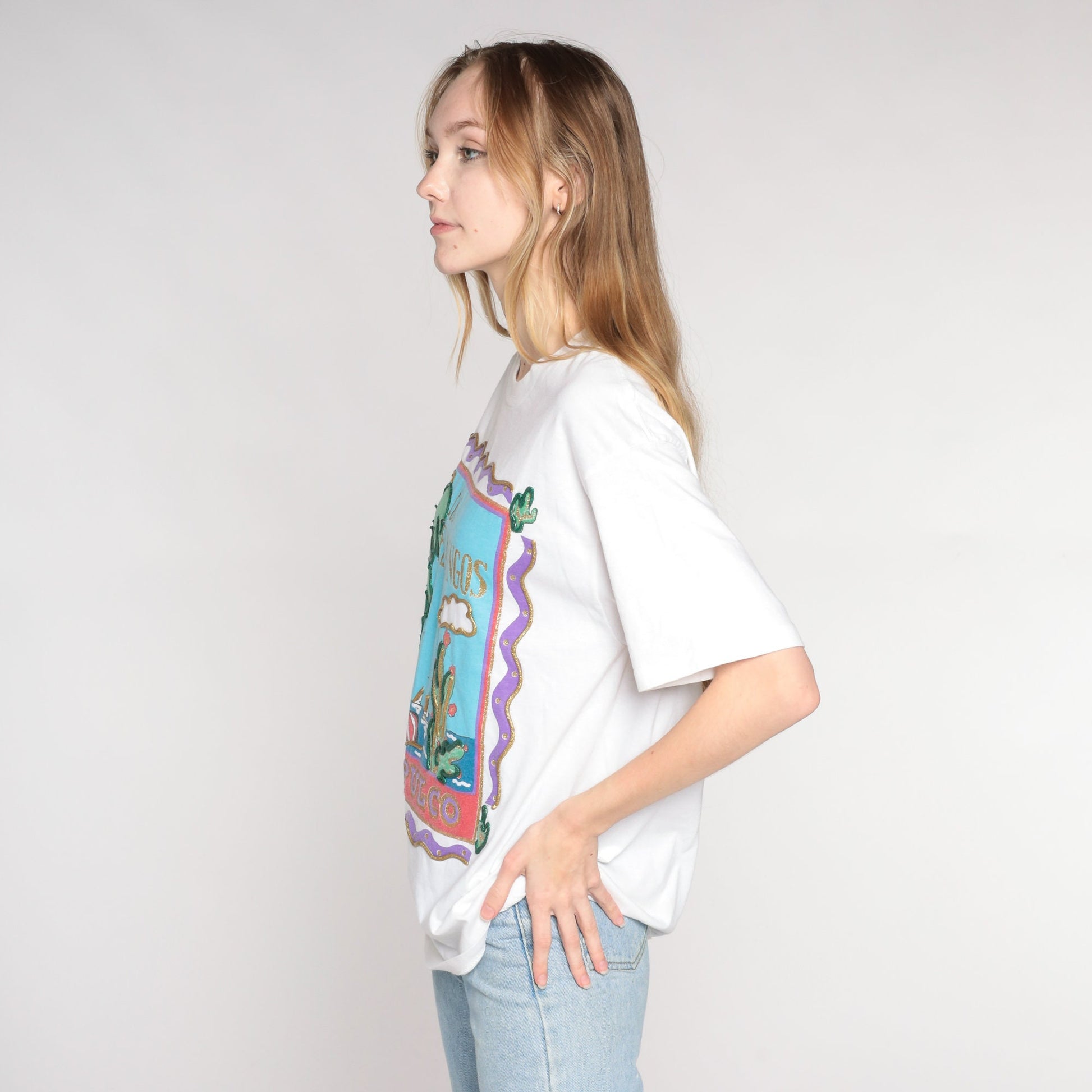 90s Los Flamingos Acapulco Resort T-Shirt Glitter Puff Paint Beach Graphic Medium Large