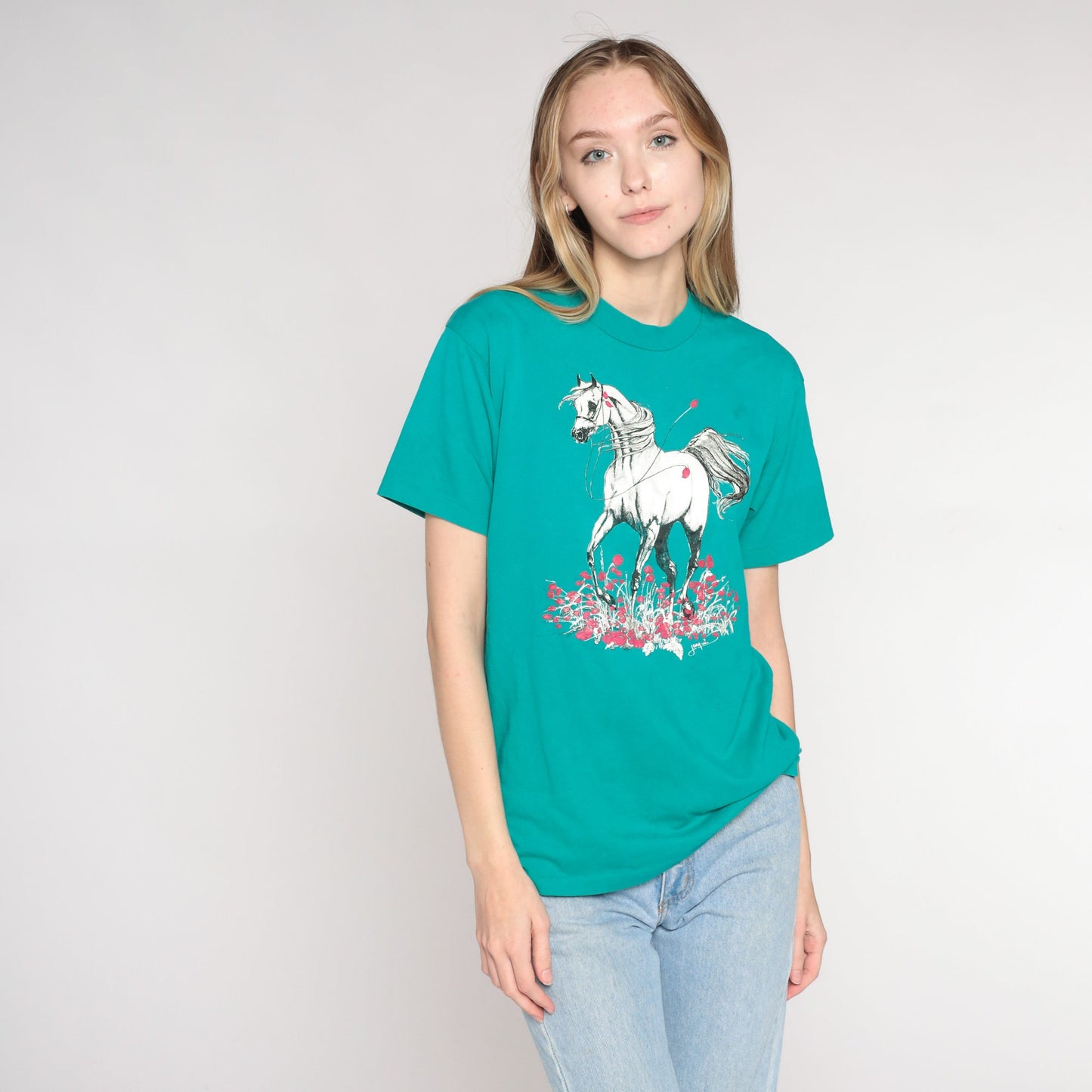 90s Glitter Horse Floral Graphic Tee Teal Green Single Stitch Small