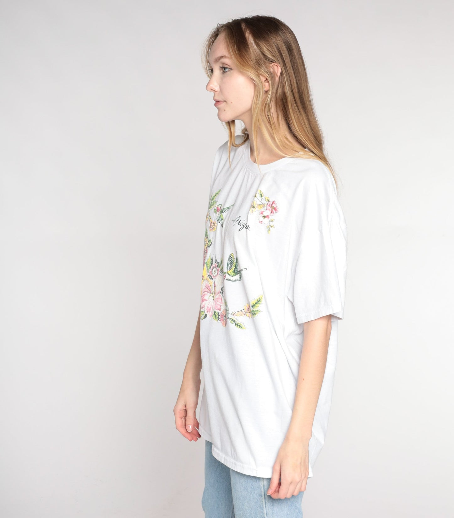 00s Arizona Hummingbird Floral Graphic T-Shirt White Cotton Blend Extra Large XL