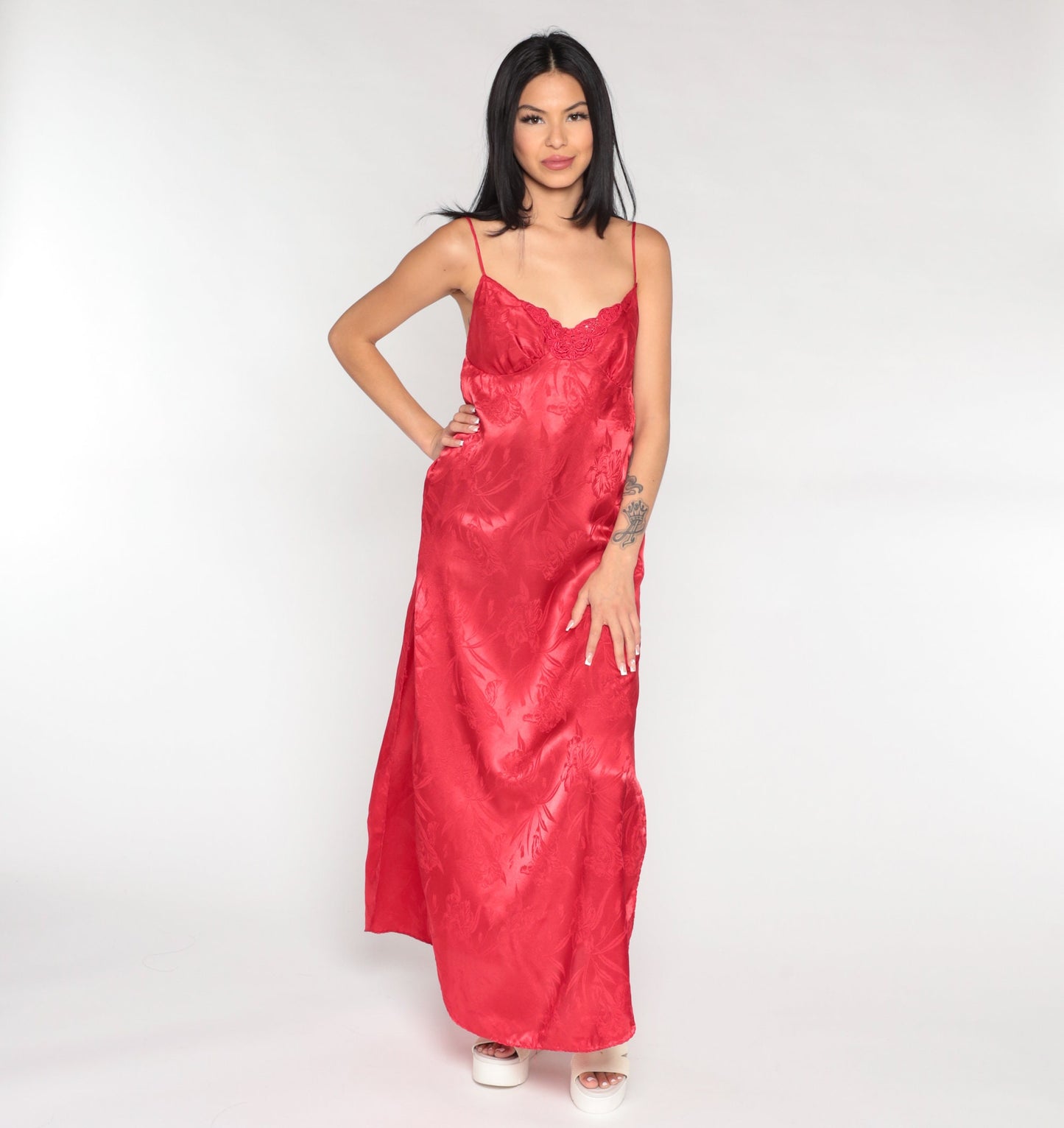 90s Red Satin Nightgown Maxi Slip Dress Embossed Floral Spaghetti Strap Medium