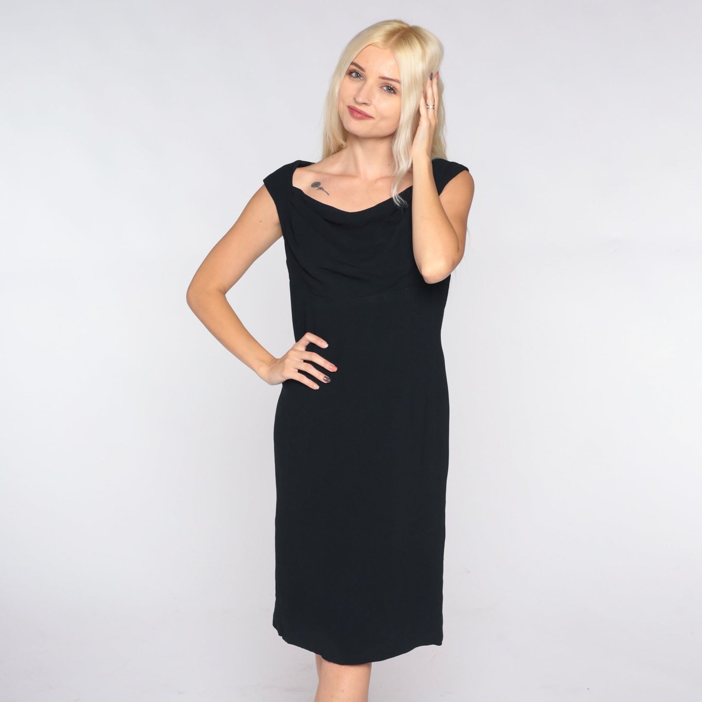 60s Black Shift Mini Dress Sleeveless Cowl Neck Small S
