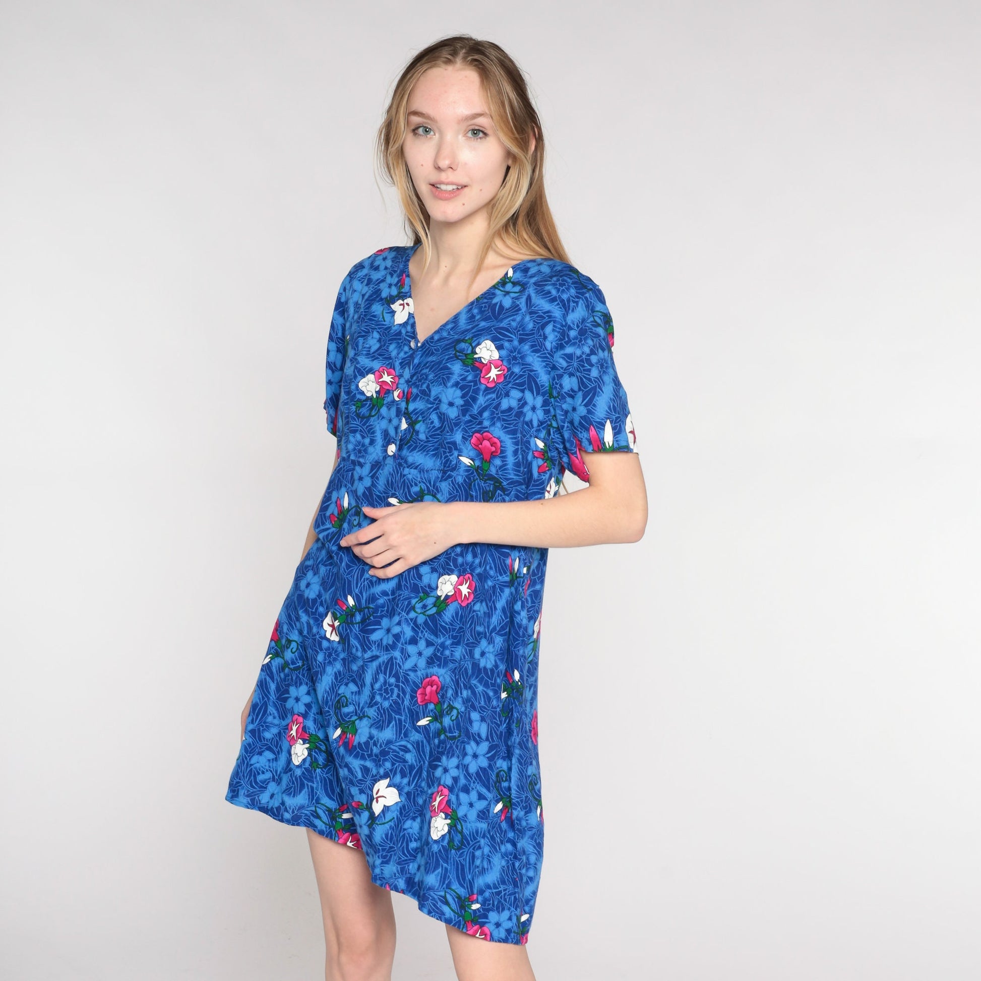 Y2K Tropical Floral Mini Dress Blue Rayon Empire Waist V-Neck Medium M