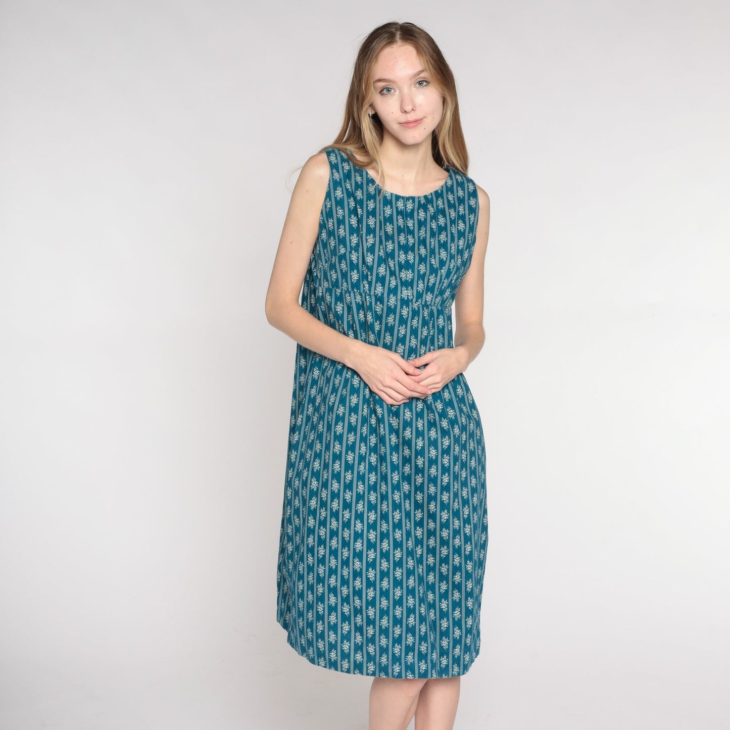 1960s Blue Floral Striped Midi Dress Empire Waist Sleeveless Shift Medium