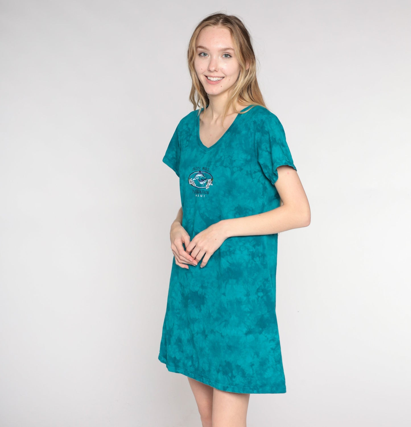 Y2K Tie Dye Pacific Whale Foundation Maui Mini Dress Blue-Green Cotton Medium